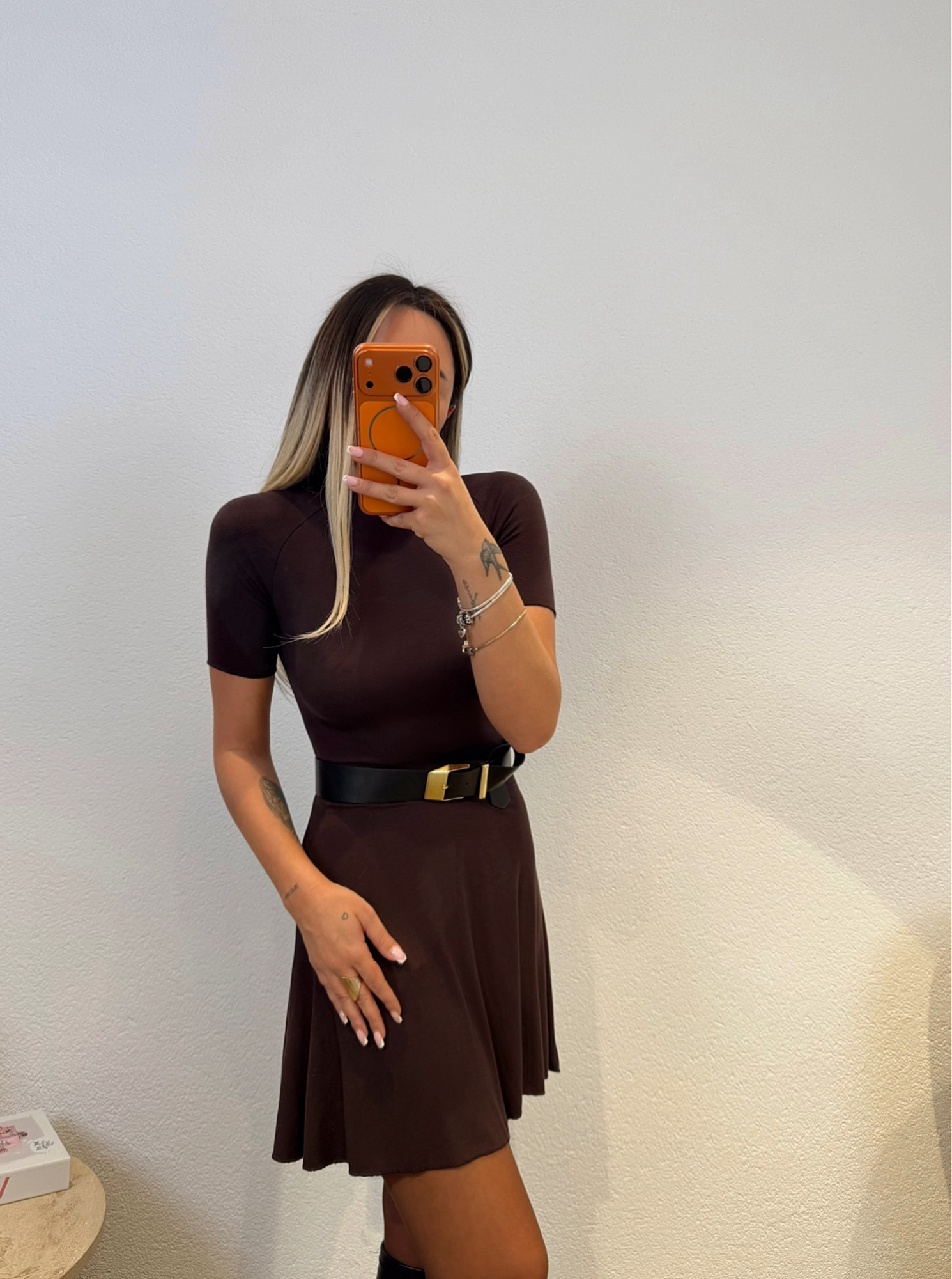 Kısa Kol Mini Çan Kahve Elbise
