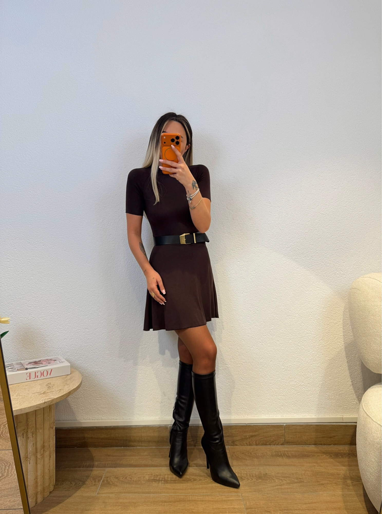 Kısa Kol Mini Çan Kahve Elbise
