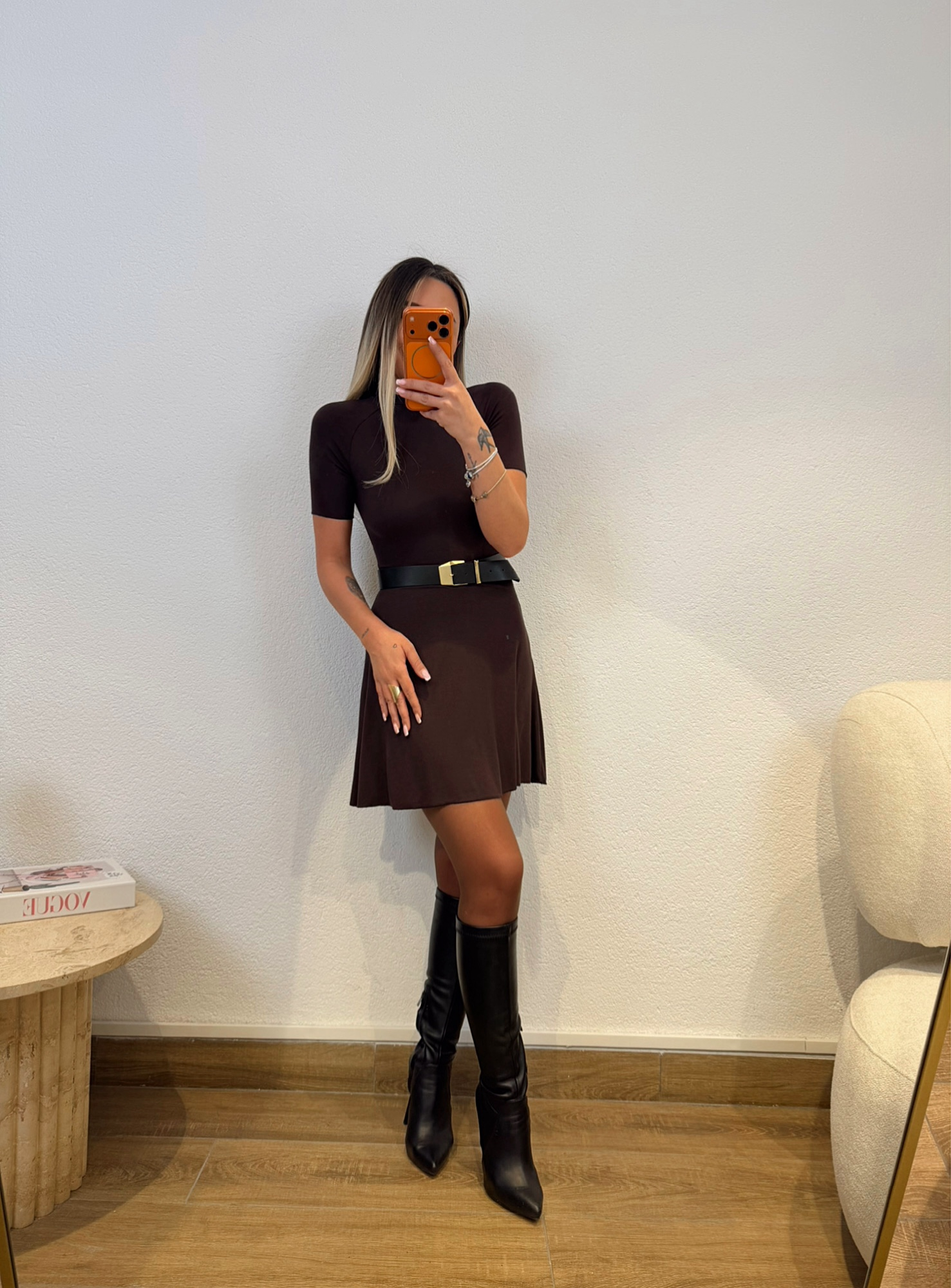 Kısa Kol Mini Çan Kahve Elbise