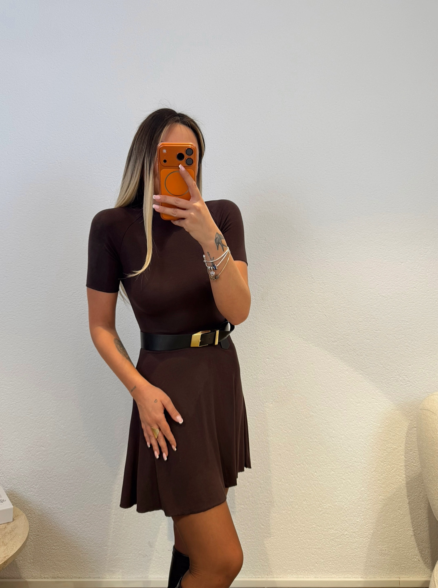 Kısa Kol Mini Çan Kahve Elbise