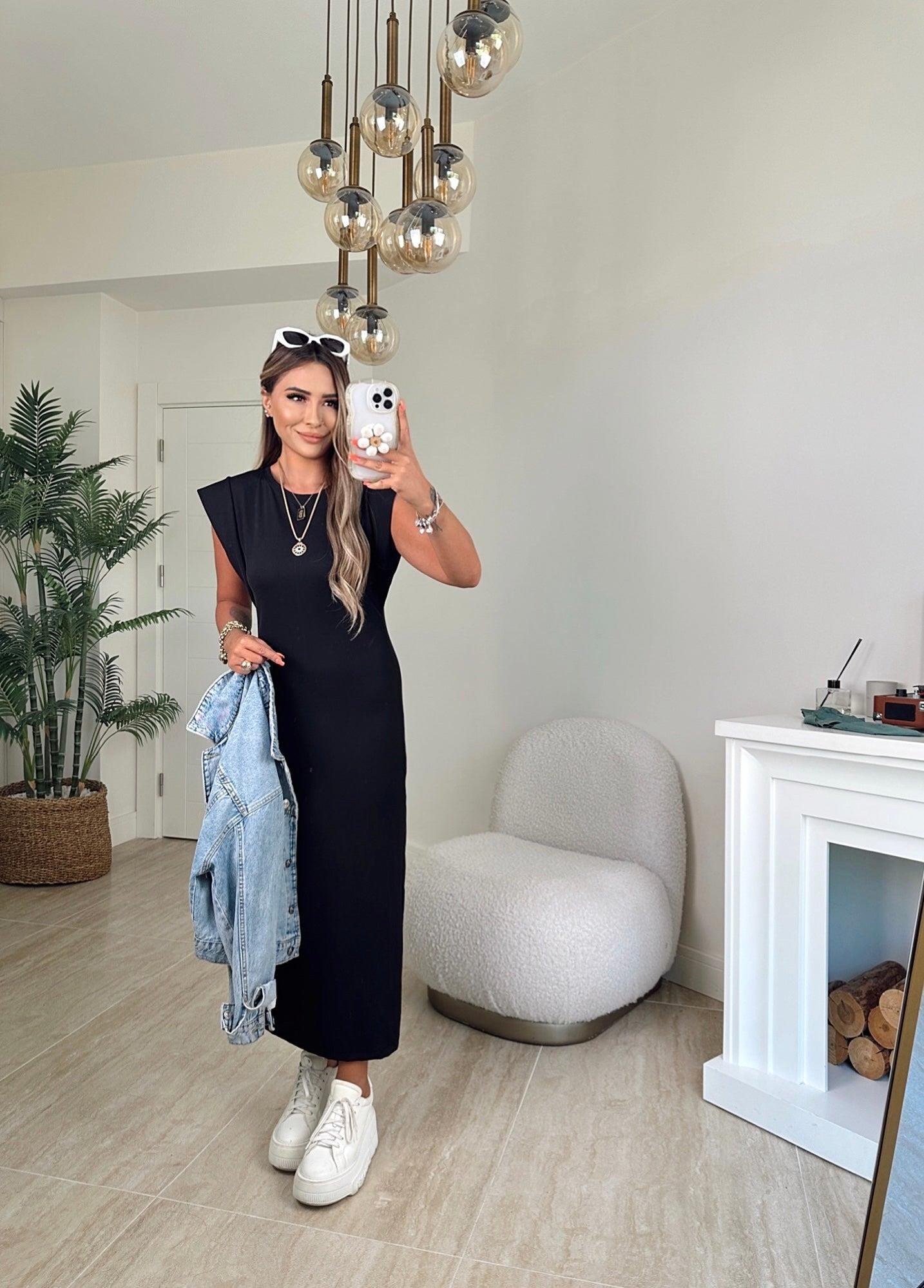 Kol Detay Basic Siyah Midi Elbise