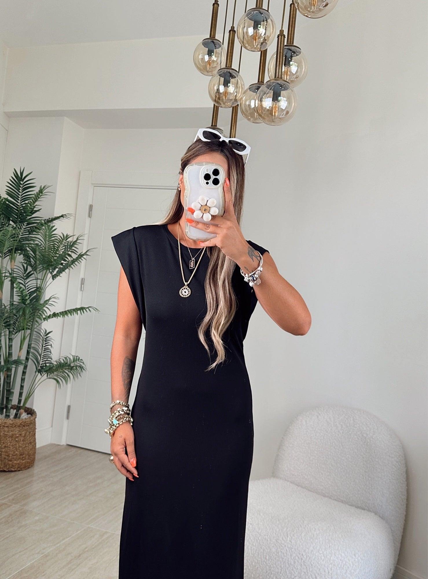 Kol Detay Basic Siyah Midi Elbise