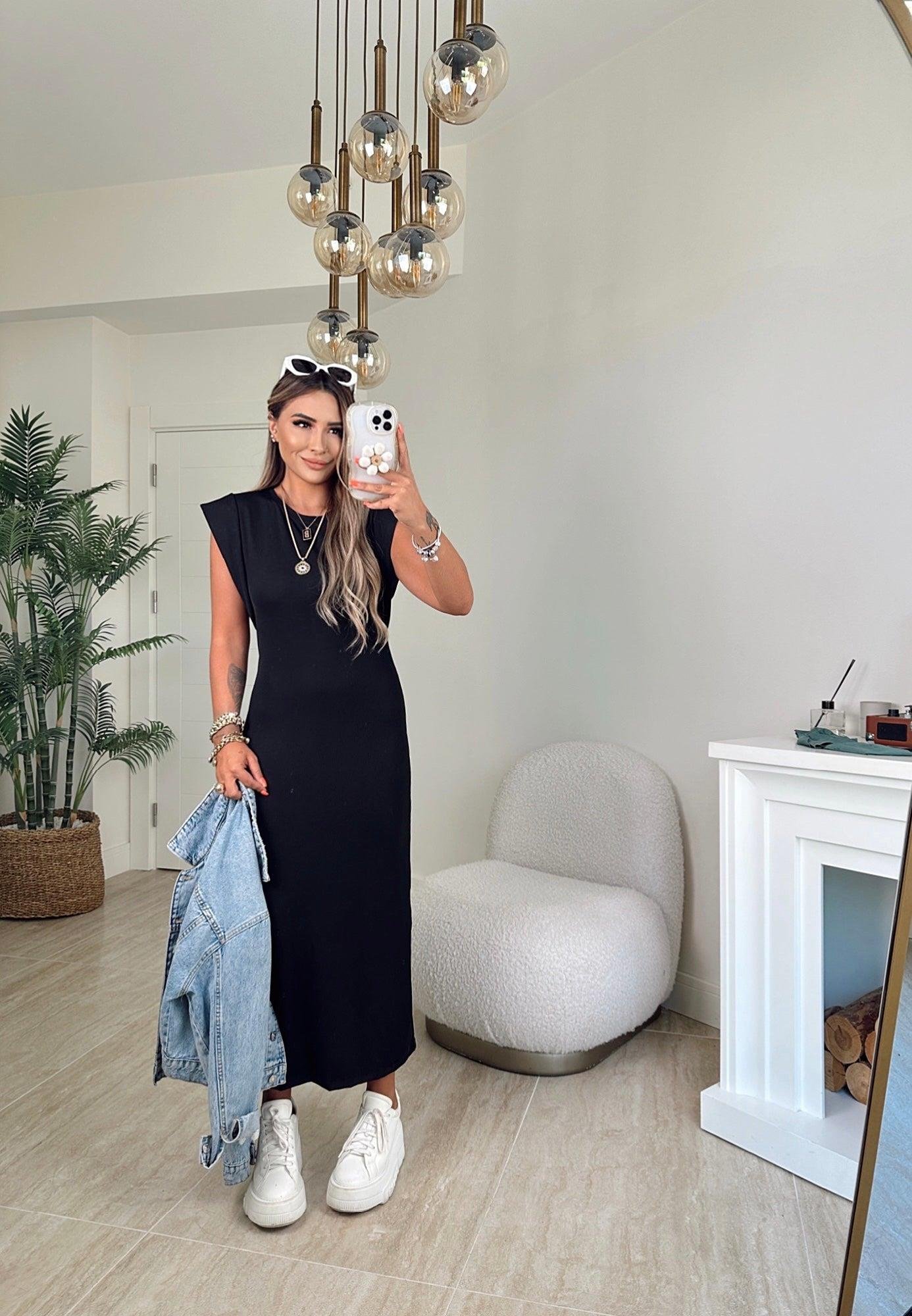 Kol Detay Basic Siyah Midi Elbise