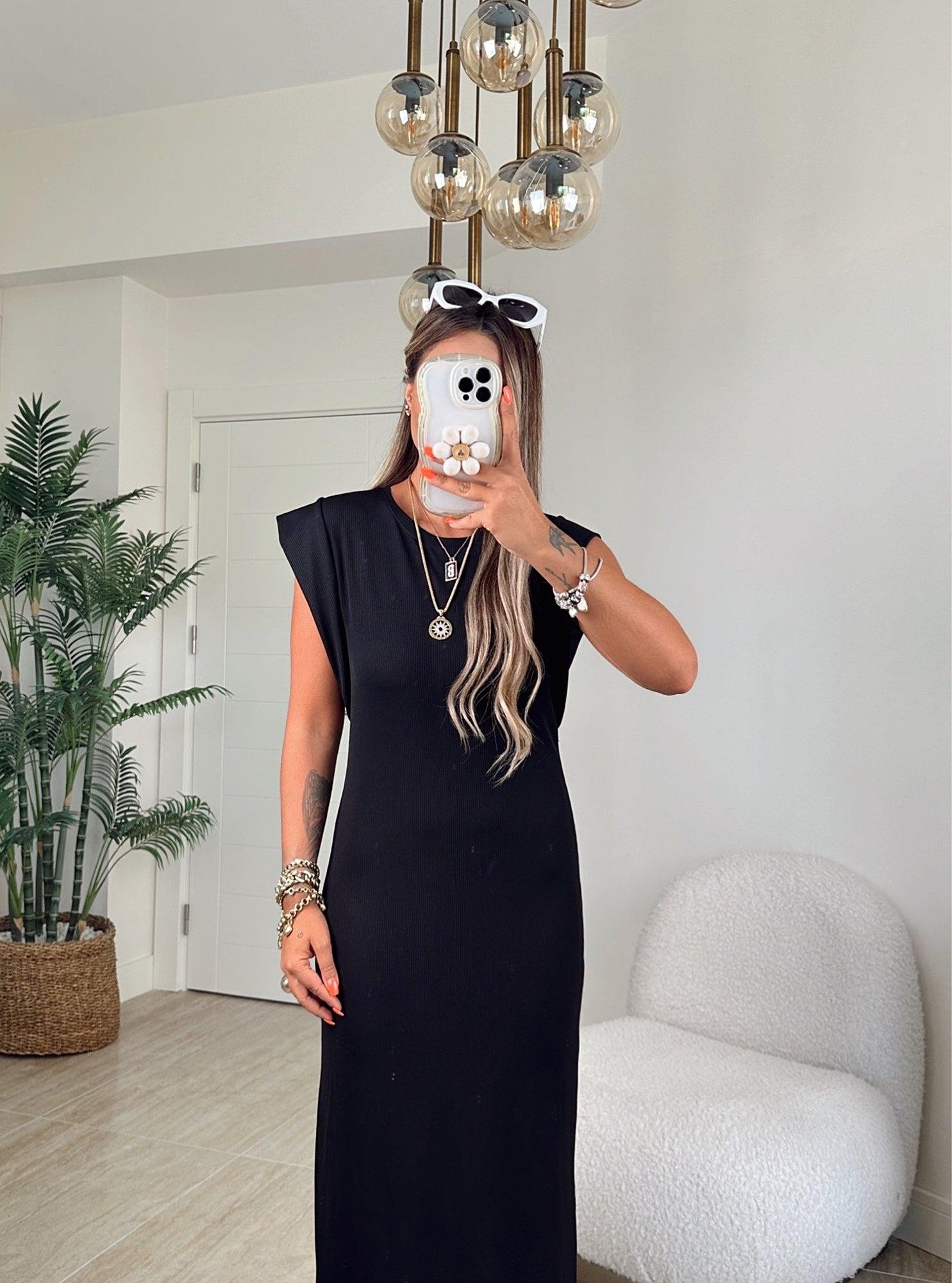 Kol Detay Basic Siyah Midi Elbise