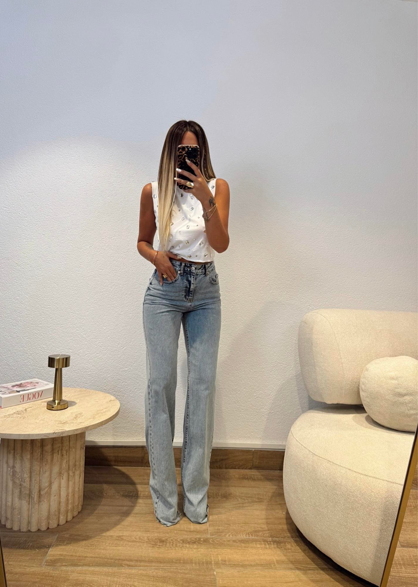 Kolsuz Damla Taşlı Beyaz Crop Tshirt