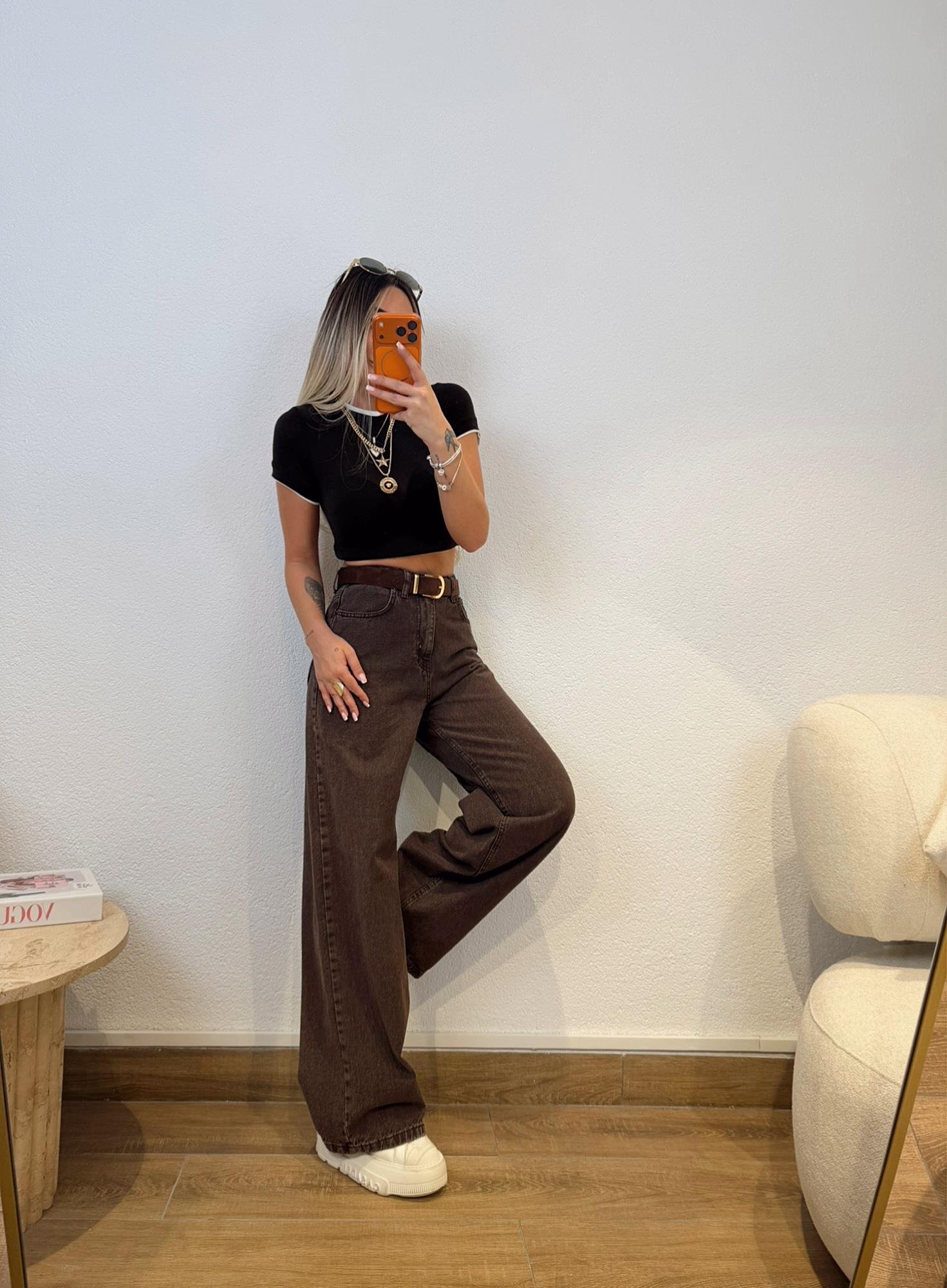 Kontrast Detay Transparan Kahve Tshirt