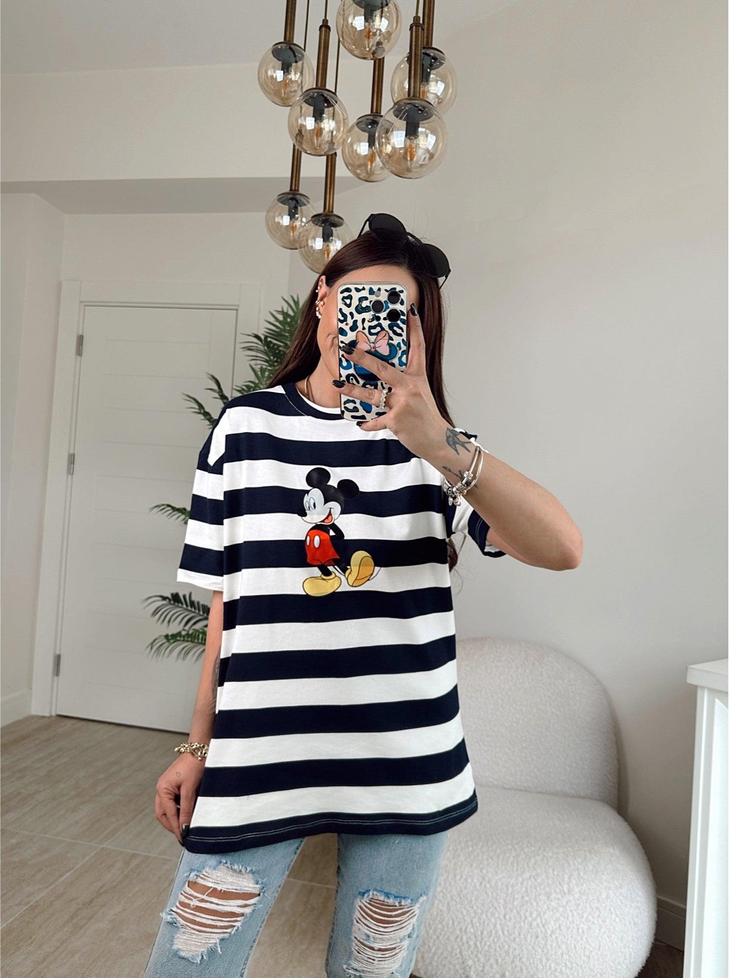 Laci Beyaz Çizgili Mickey Tshirt