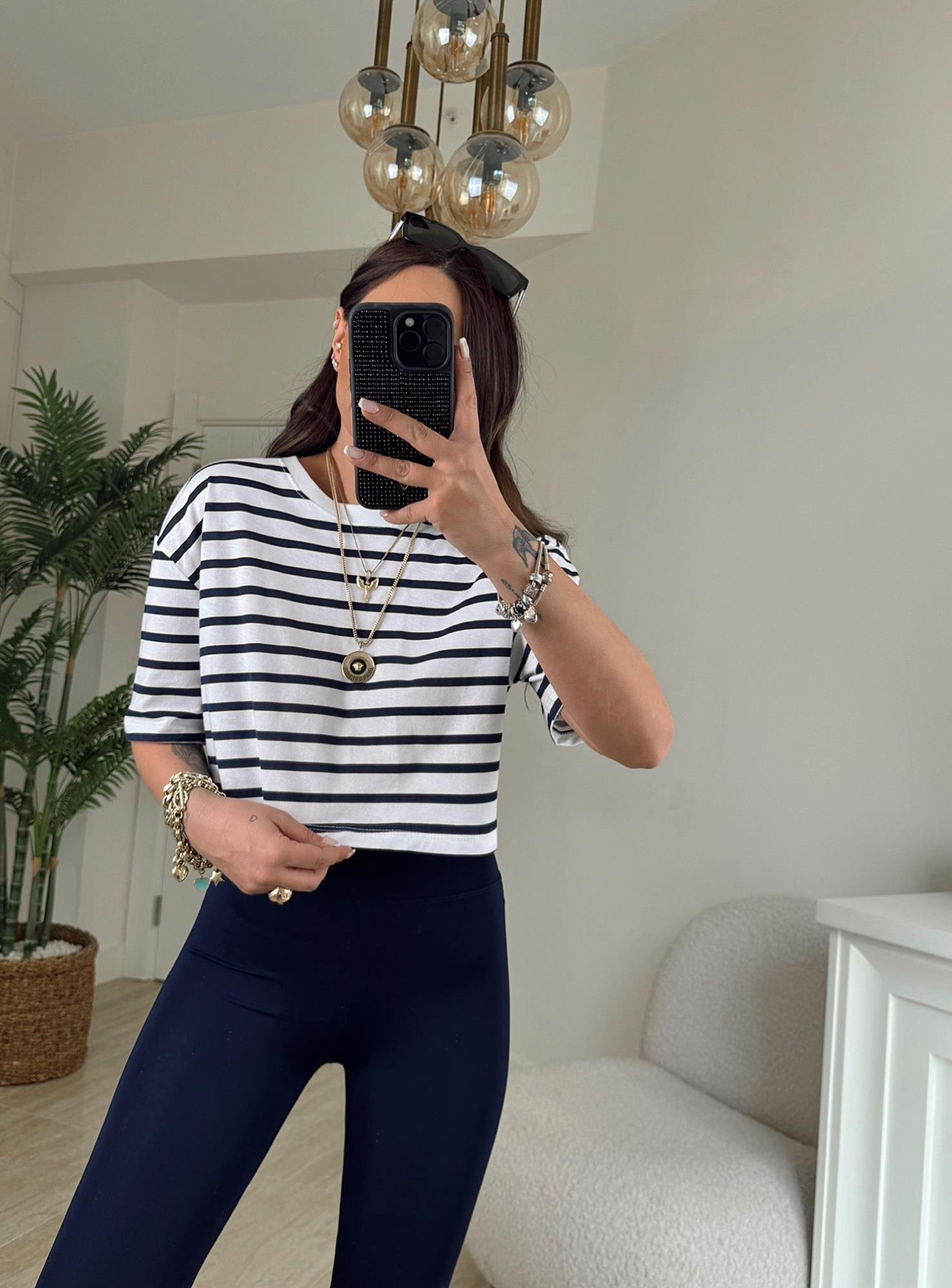 Laci Çizgili Beyaz Crop Tshirt