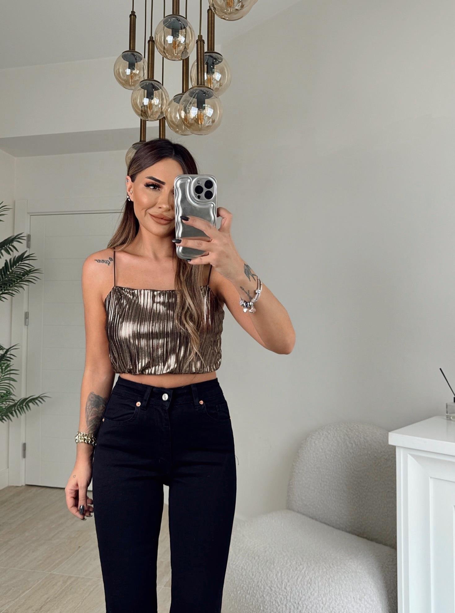 Lastik Askılı Metalik Bakır Crop 