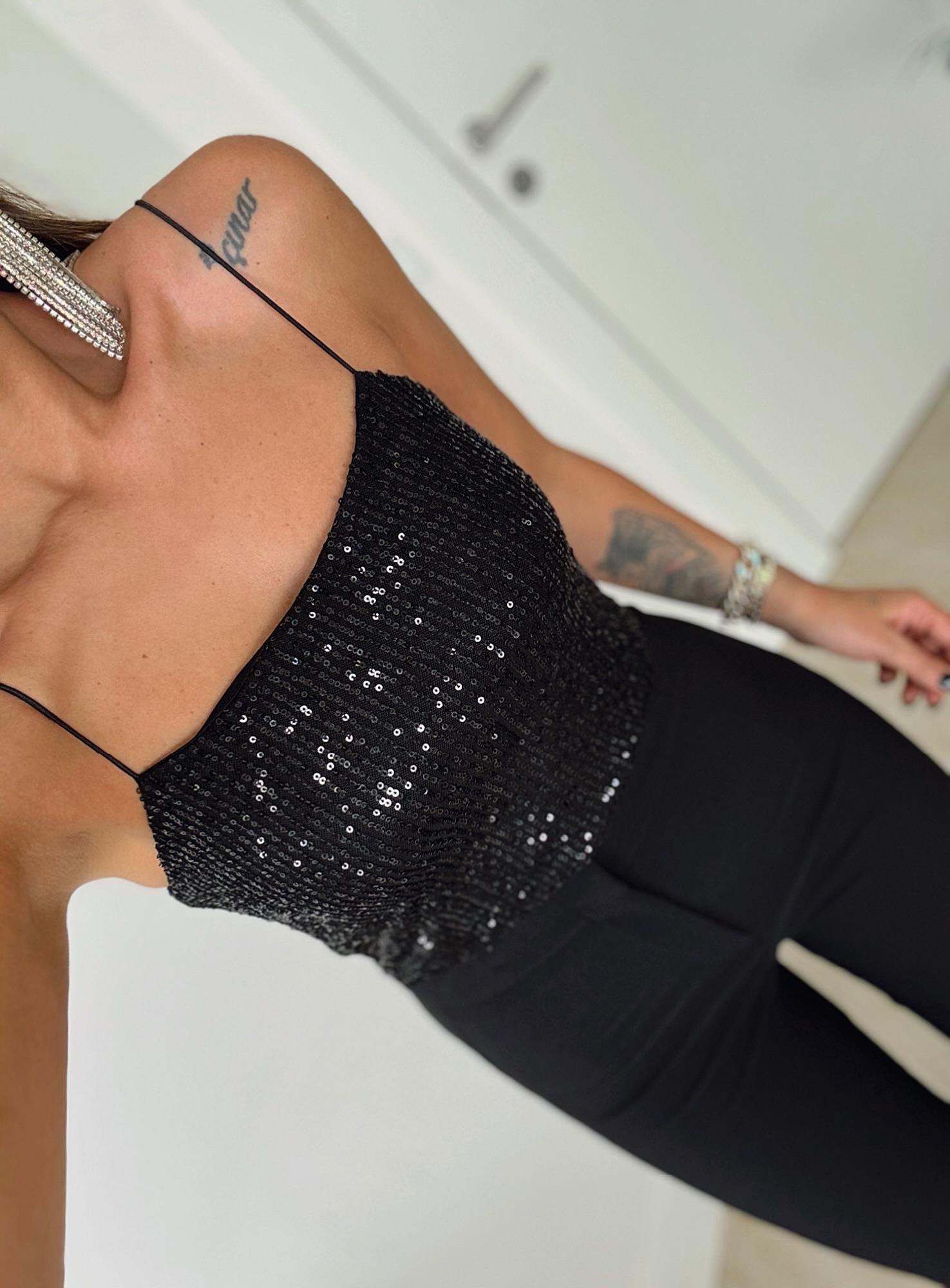 Lastik Askılı Siyah Payet Crop 