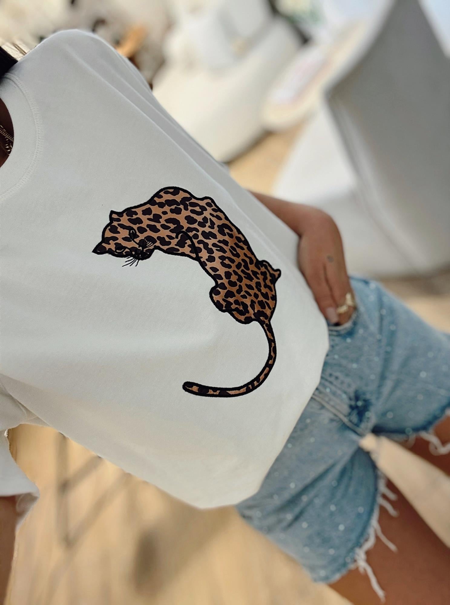 Leopar Baskı Beyaz Tshirt