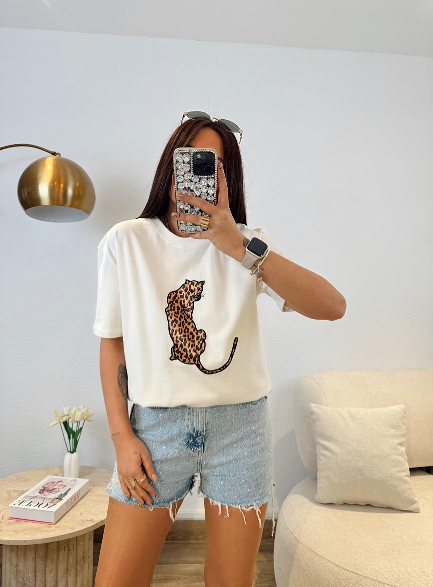 Leopar Baskı Beyaz Tshirt