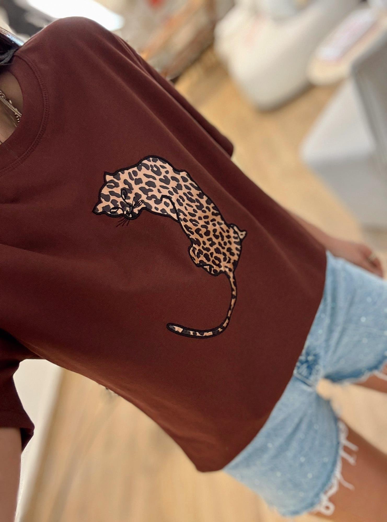 Leopar Baskı Kahve Tshirt