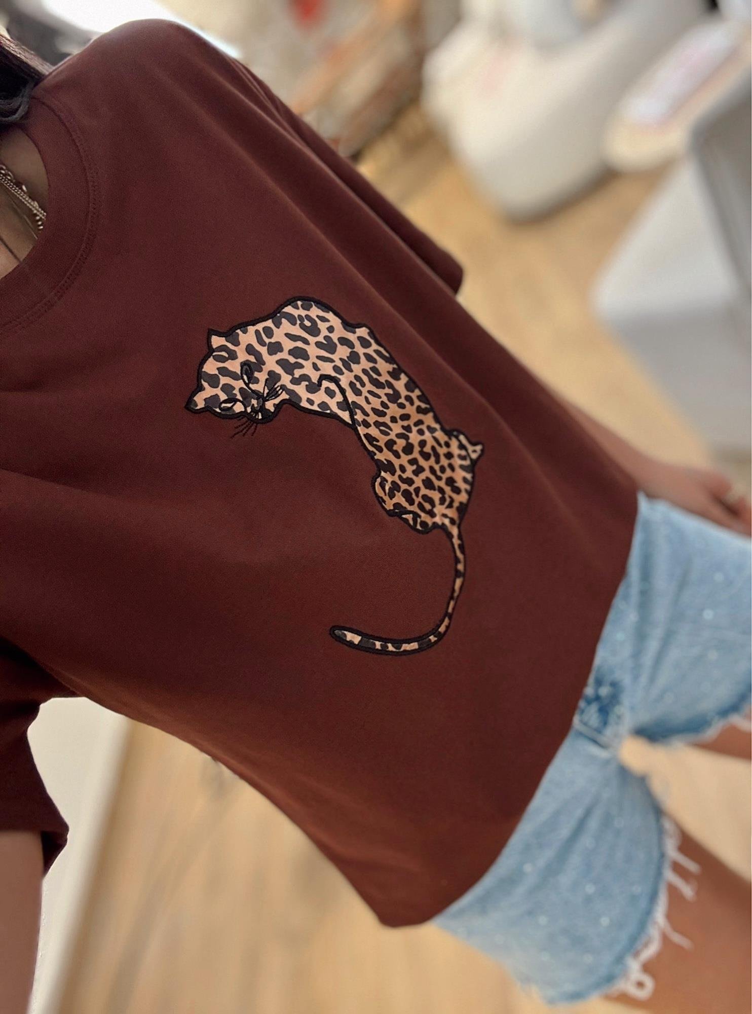 Leopar Baskı Kahve Tshirt