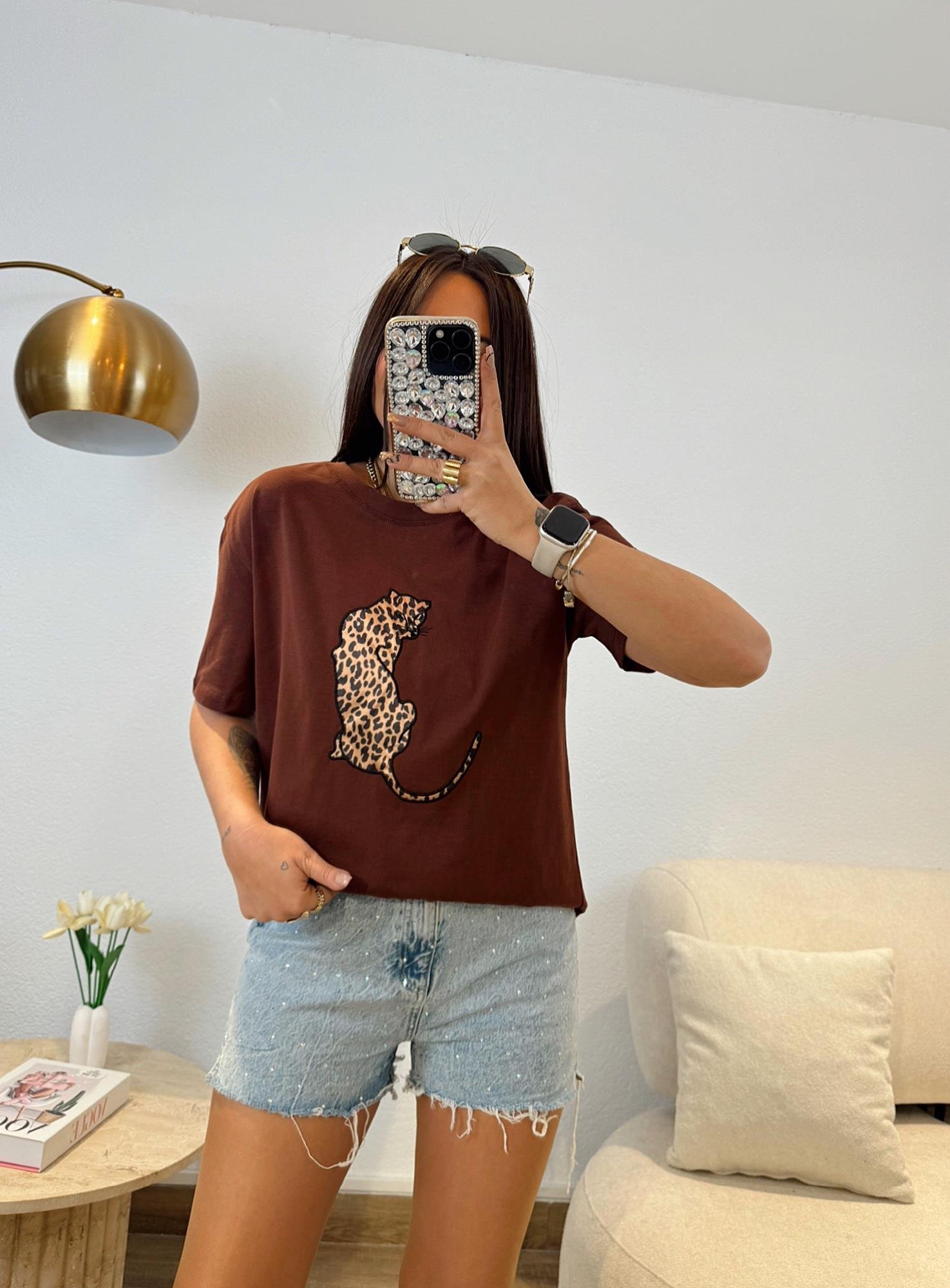 Leopar Baskı Kahve Tshirt