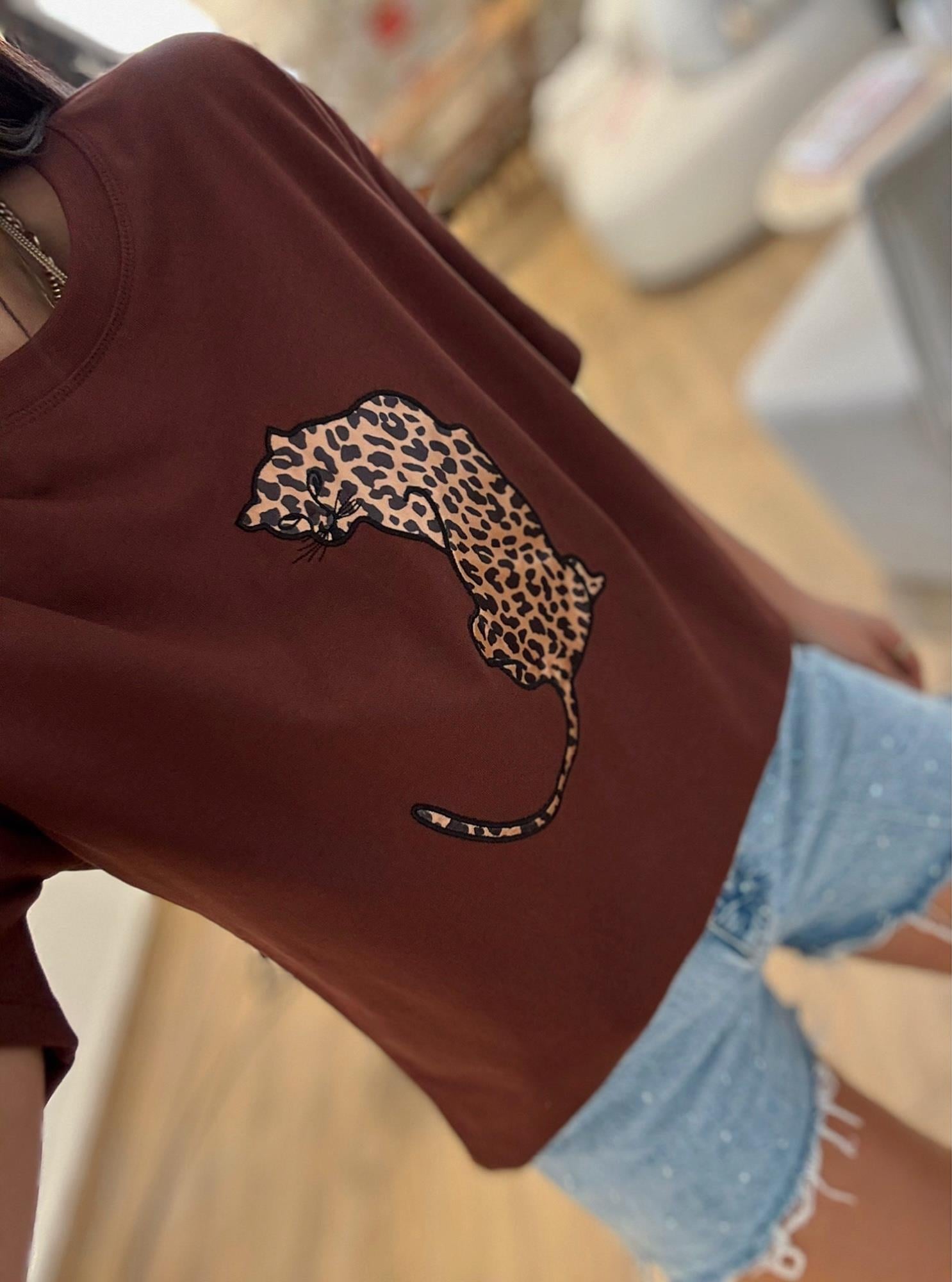 Leopar Baskı Kahve Tshirt