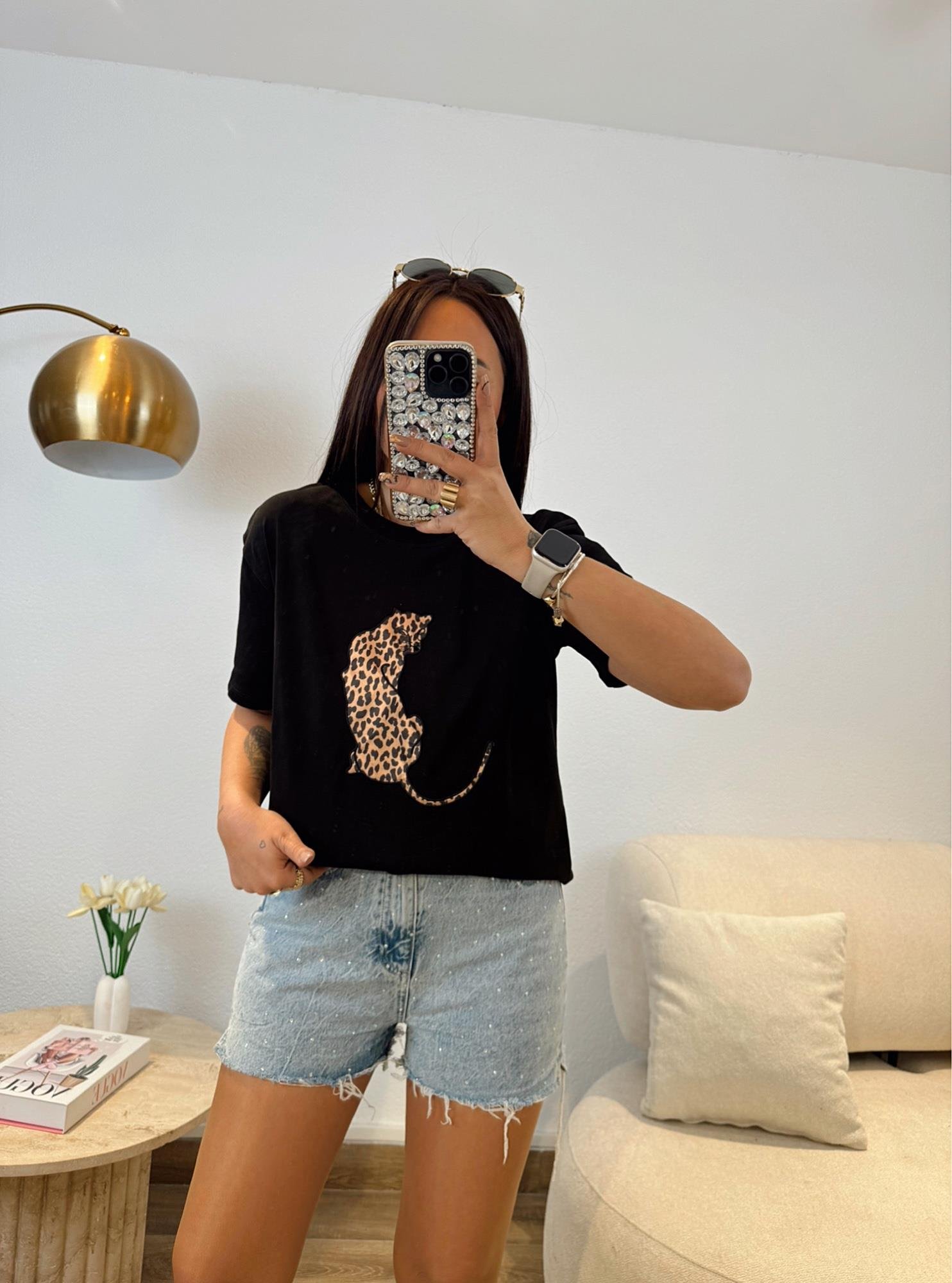 Leopar Baskı Siyah Tshirt