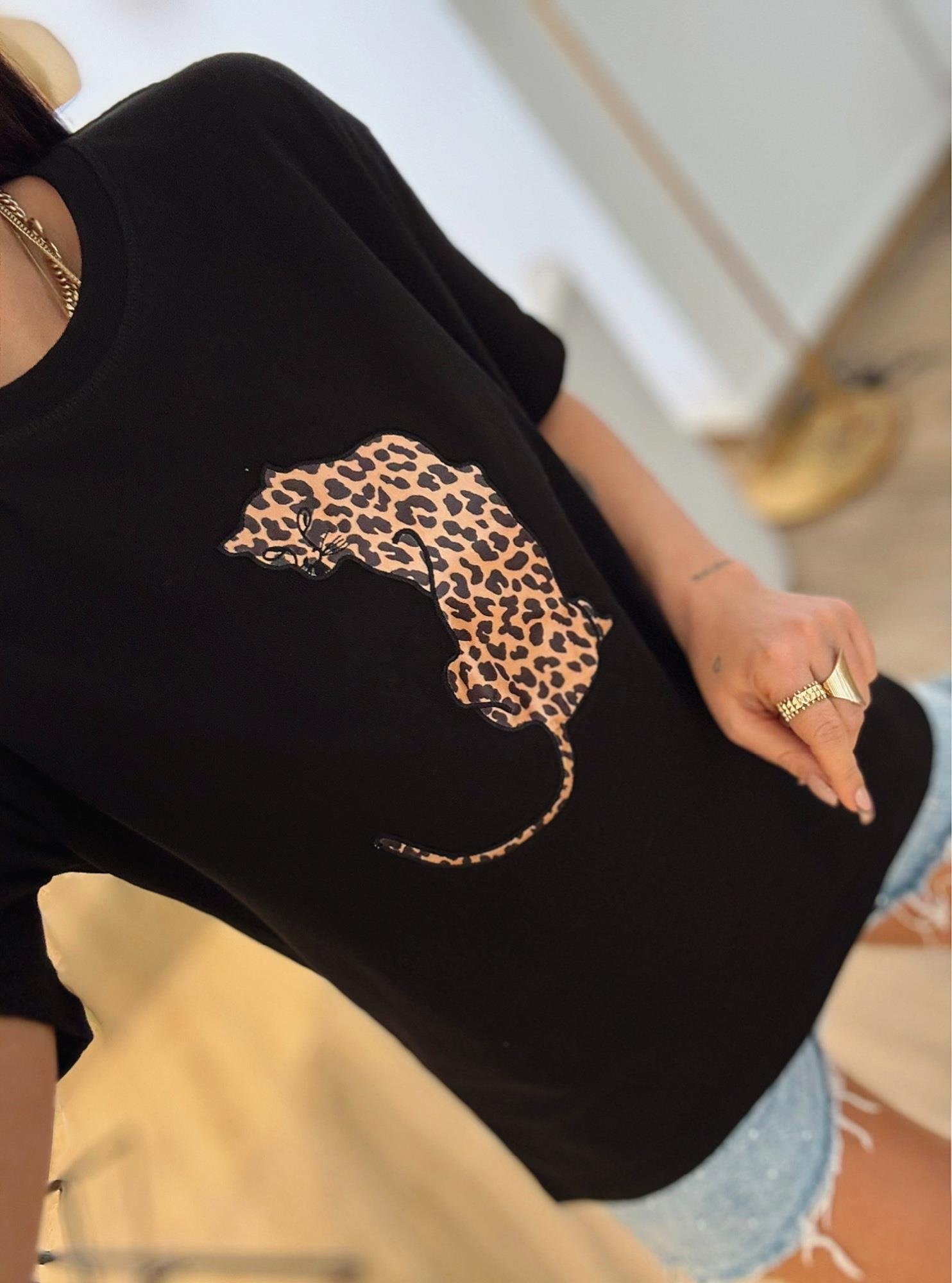 Leopar Baskı Siyah Tshirt