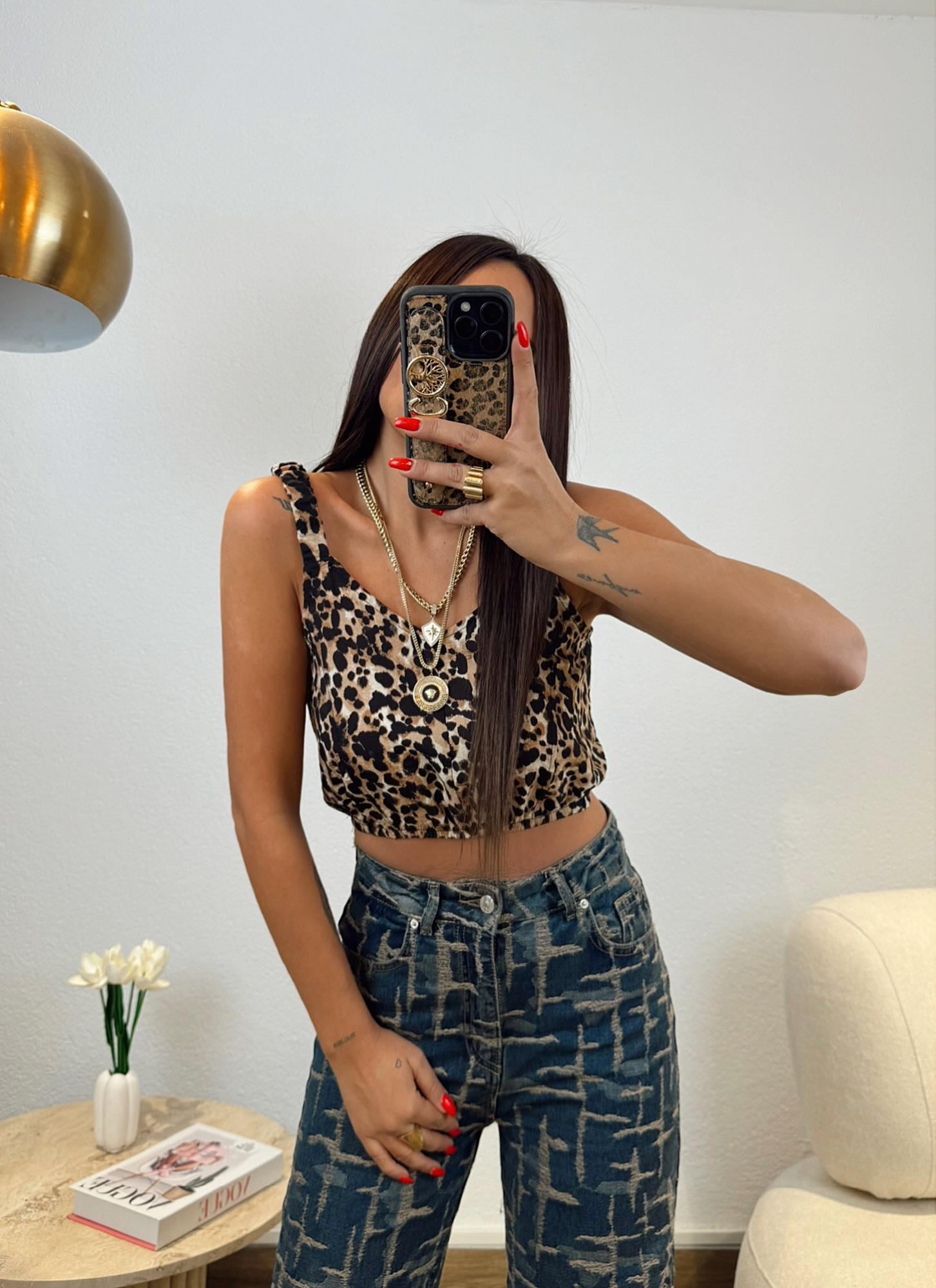 Leopar Desen Askılı Crop