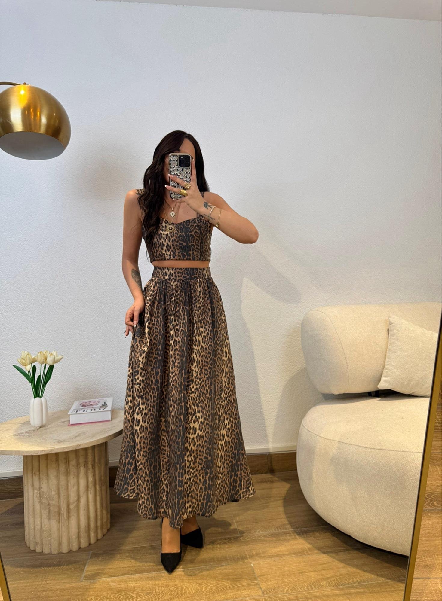Leopar Desen Crop-Etek Takım