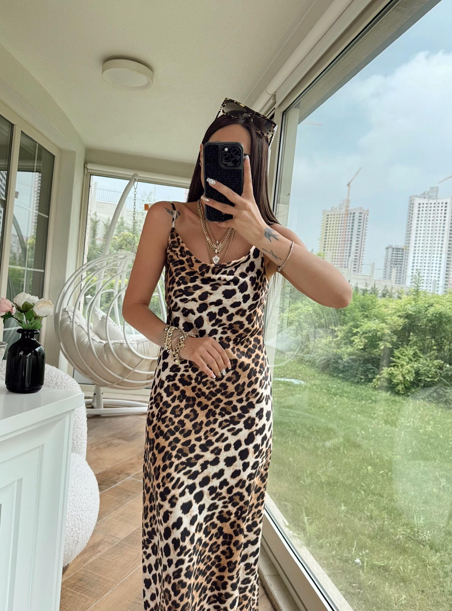 Leopar Desen Degje Midi Boy Elbise