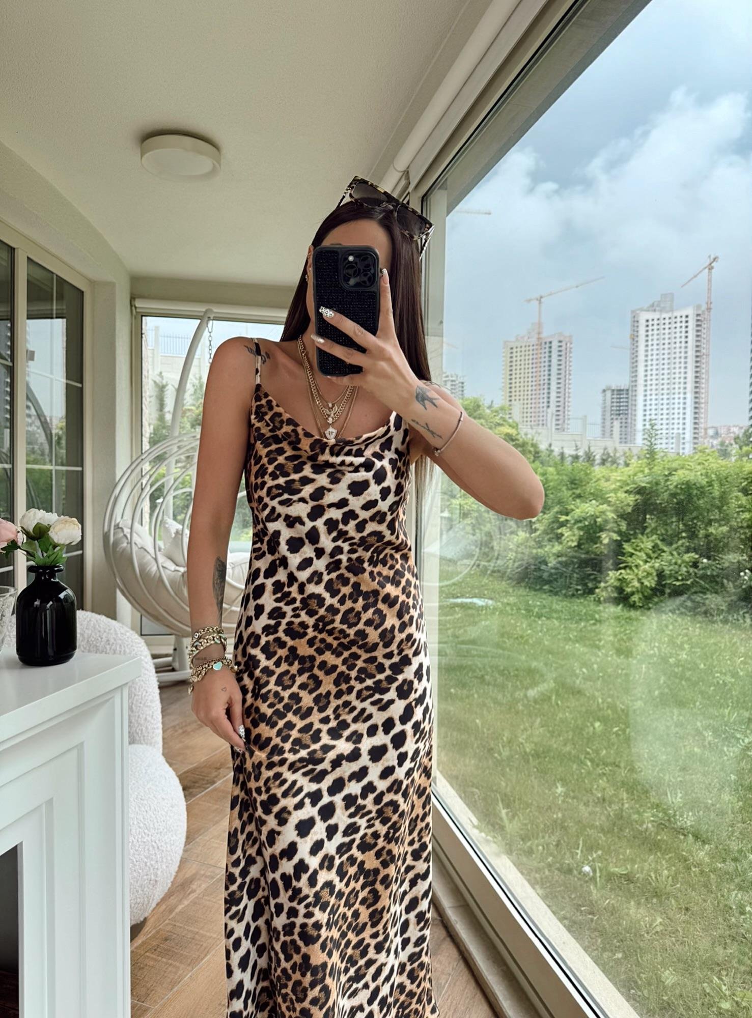 Leopar Desen Degje Midi Boy Elbise