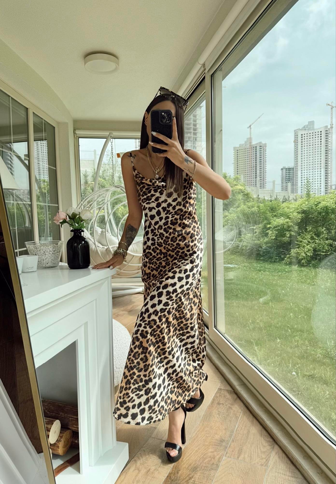 Leopar Desen Degje Midi Boy Elbise