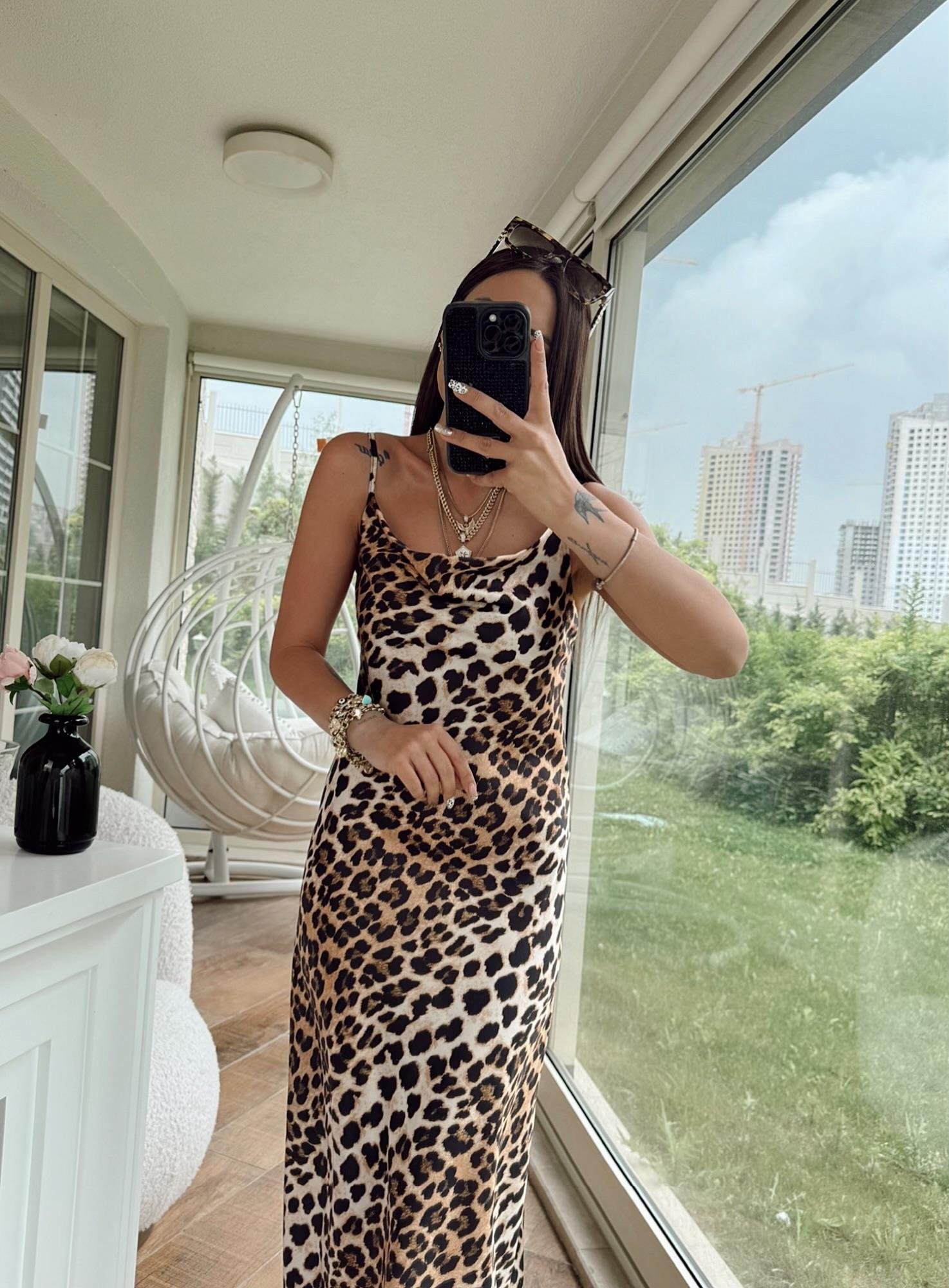 Leopar Desen Degje Midi Boy Elbise