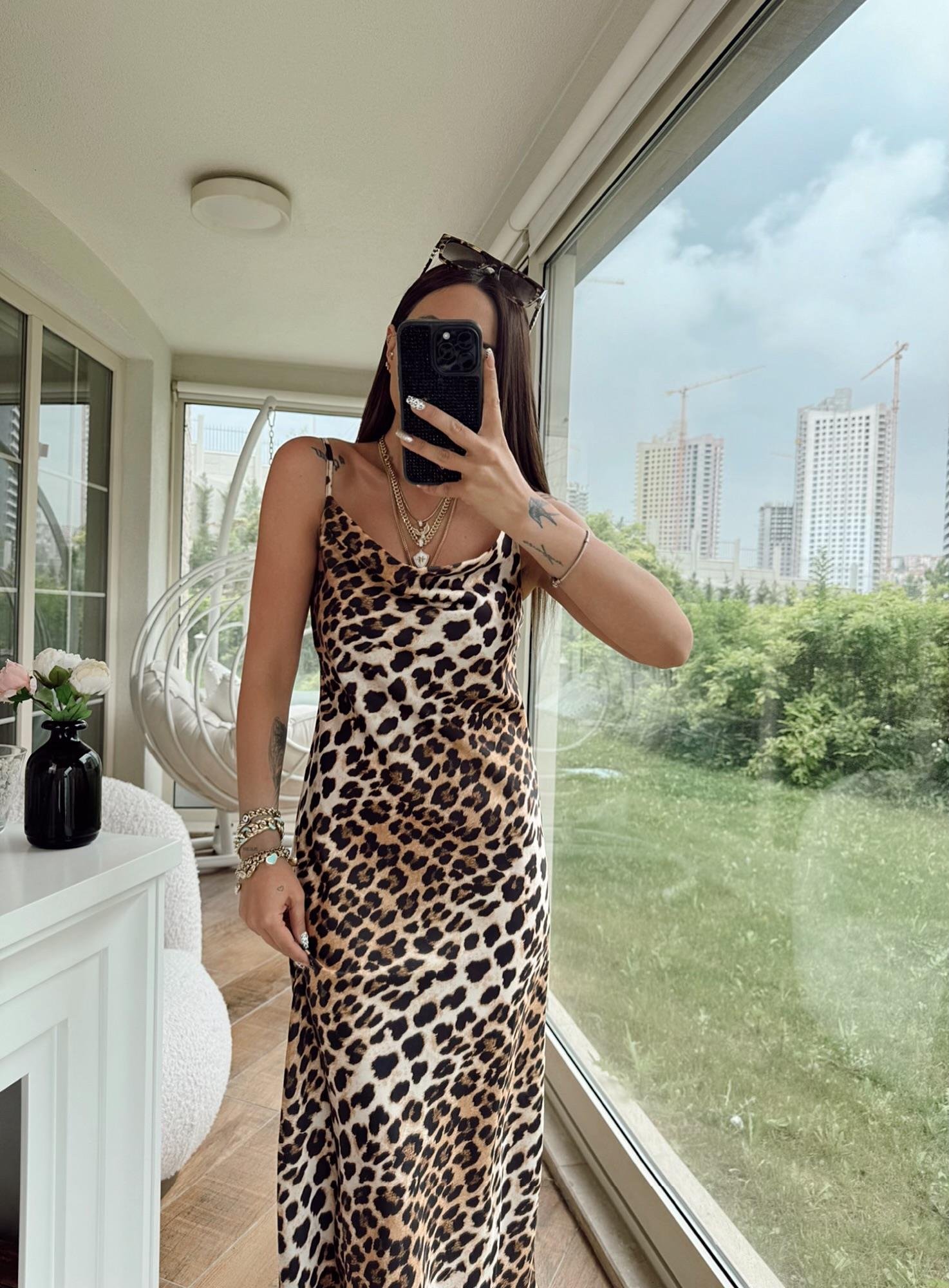 Leopar Desen Degje Midi Boy Elbise