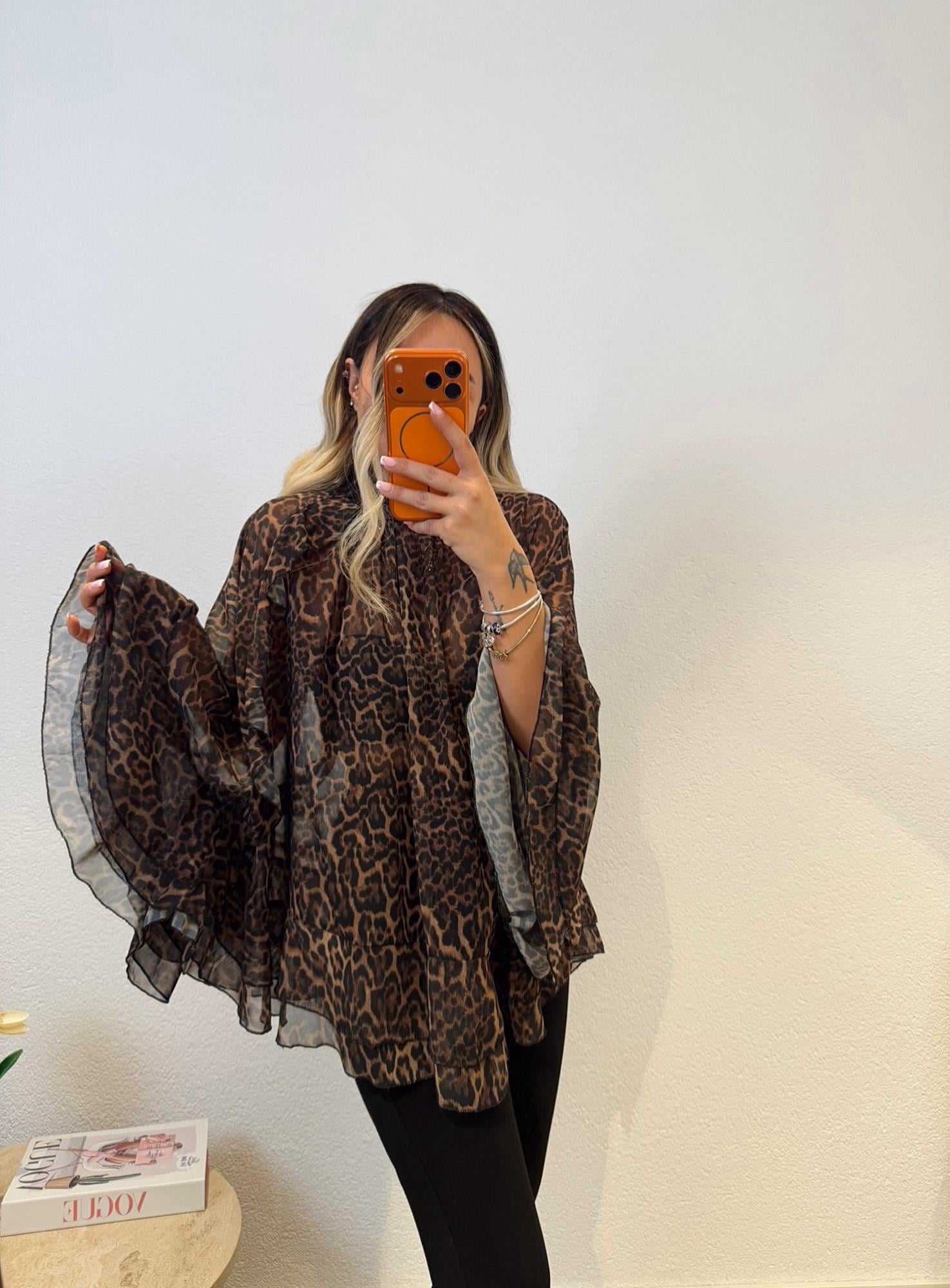 Leopar Desen Dökümlü Şifon Bluz