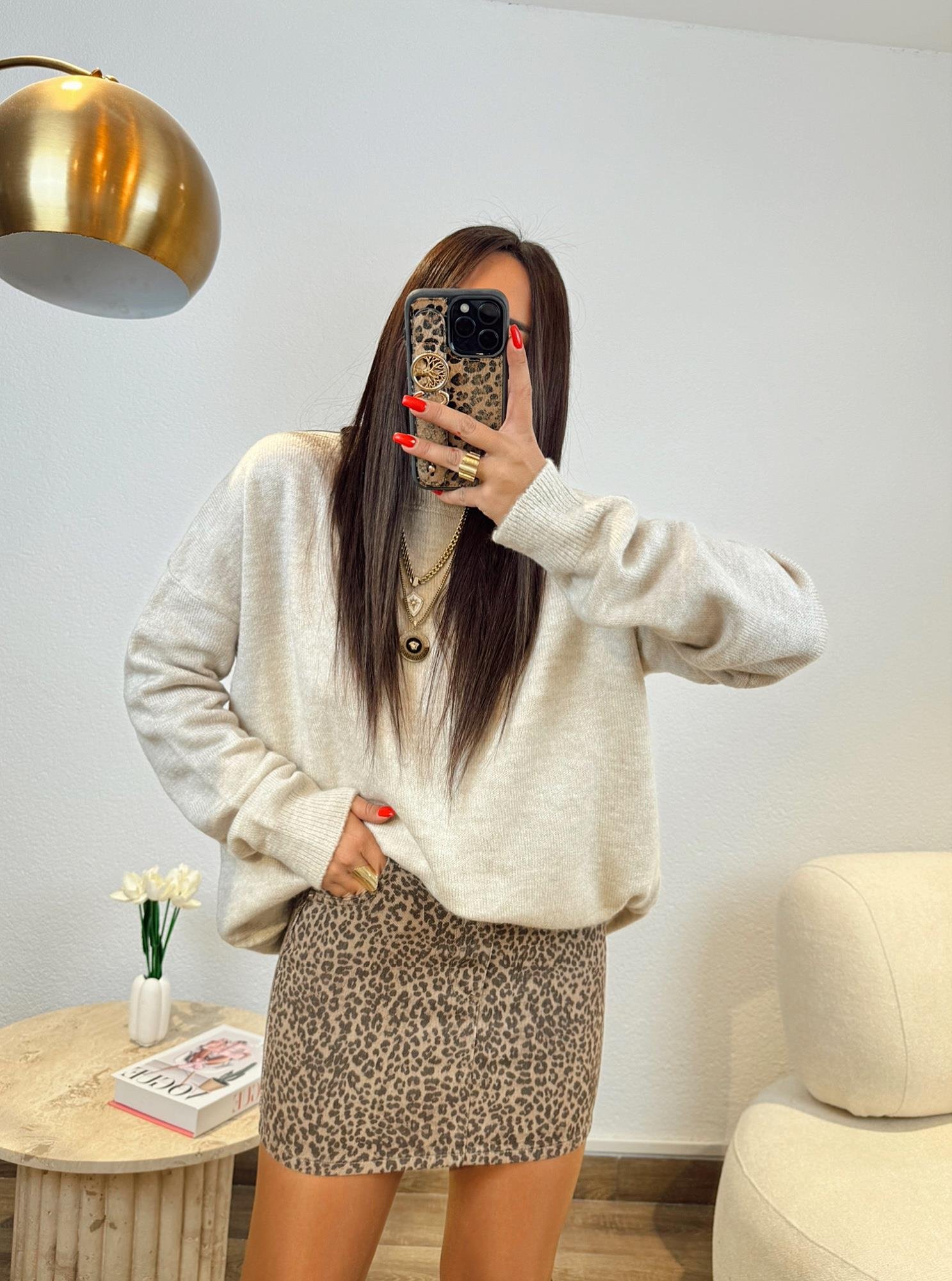 Leopar Desen Gabardin Mini Etek