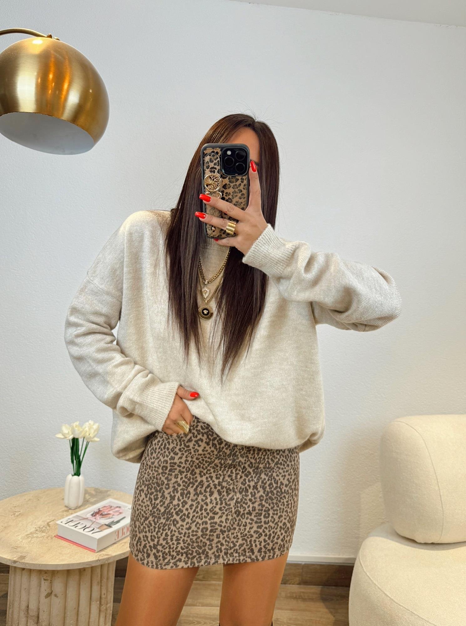 Leopar Desen Gabardin Mini Etek