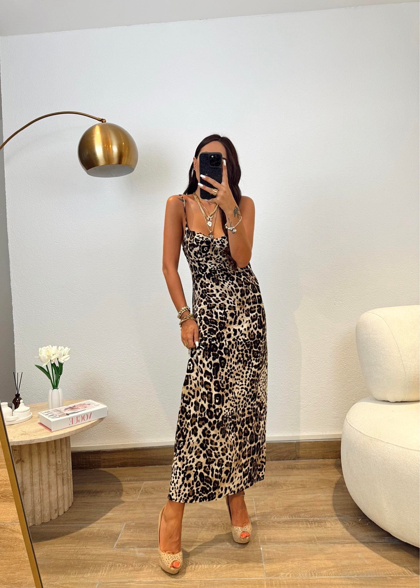Leopar Desen İp Askılı Keten Midi Boy Elbise