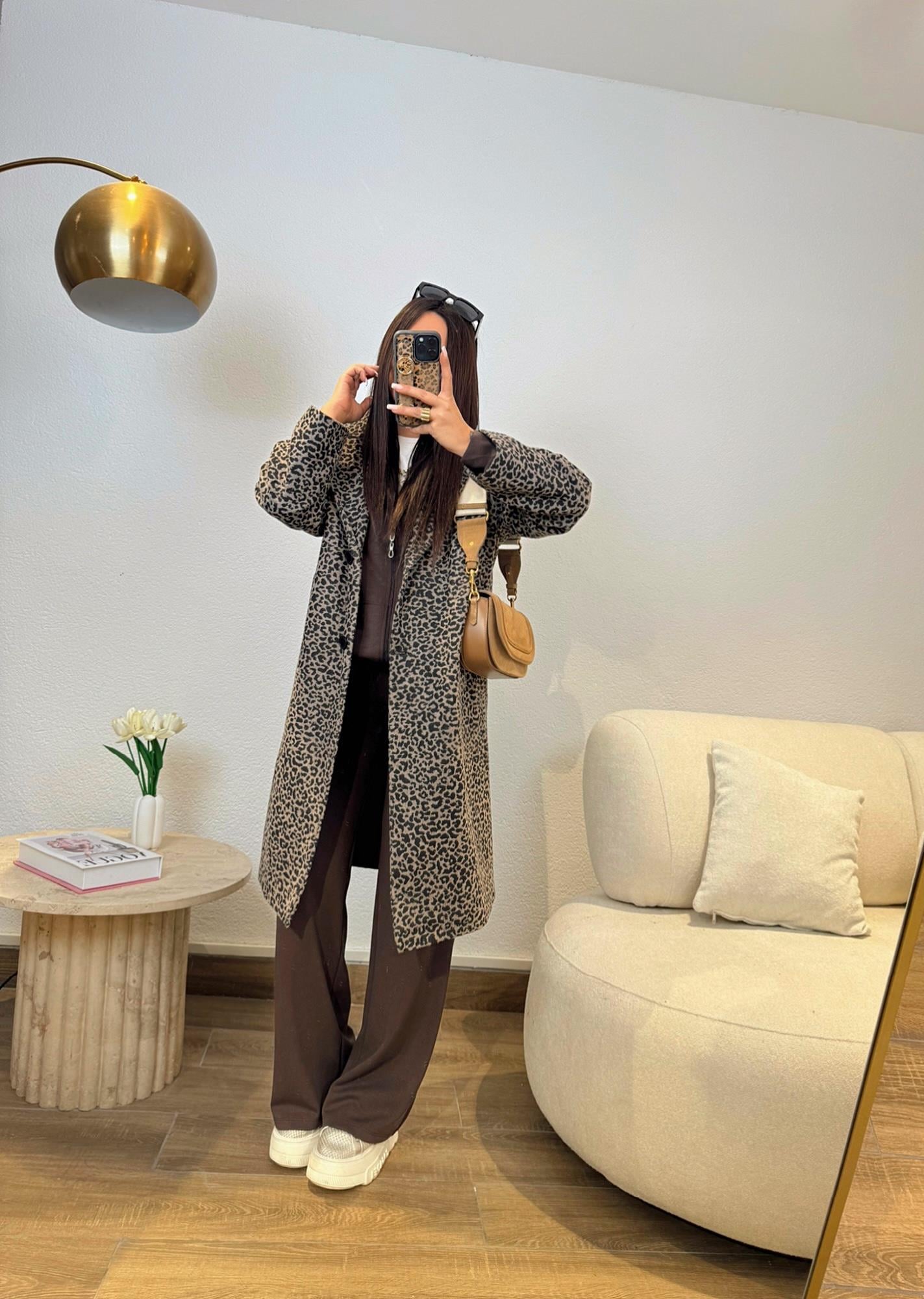 Leopar Desen Kaşe Kaban