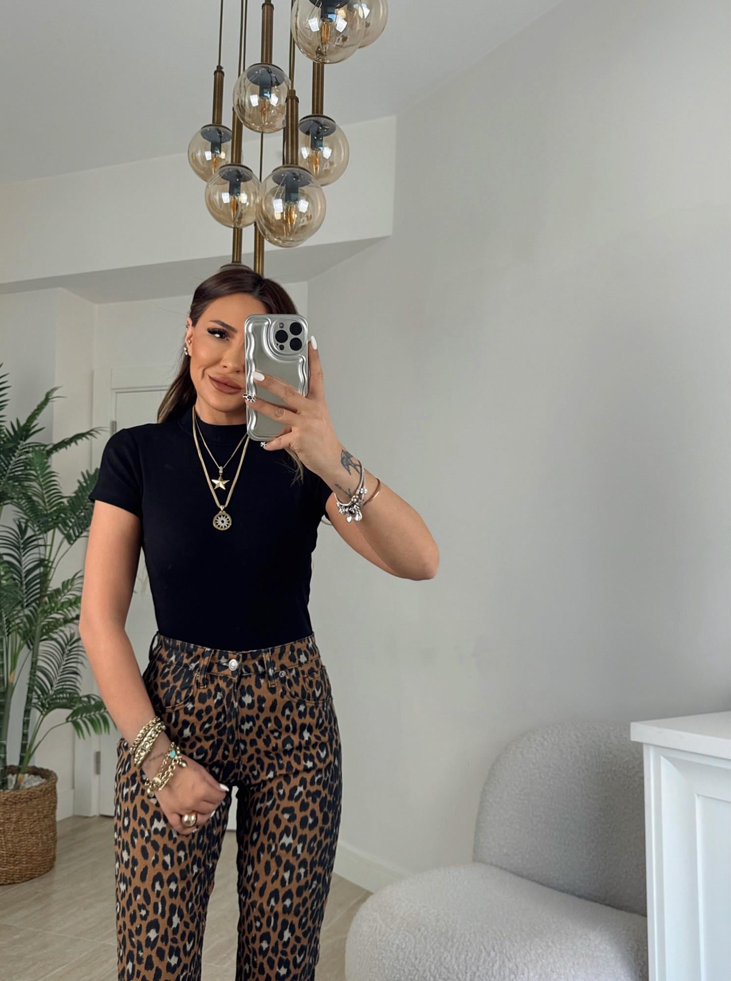 Leopar Desen Mom Pantolon