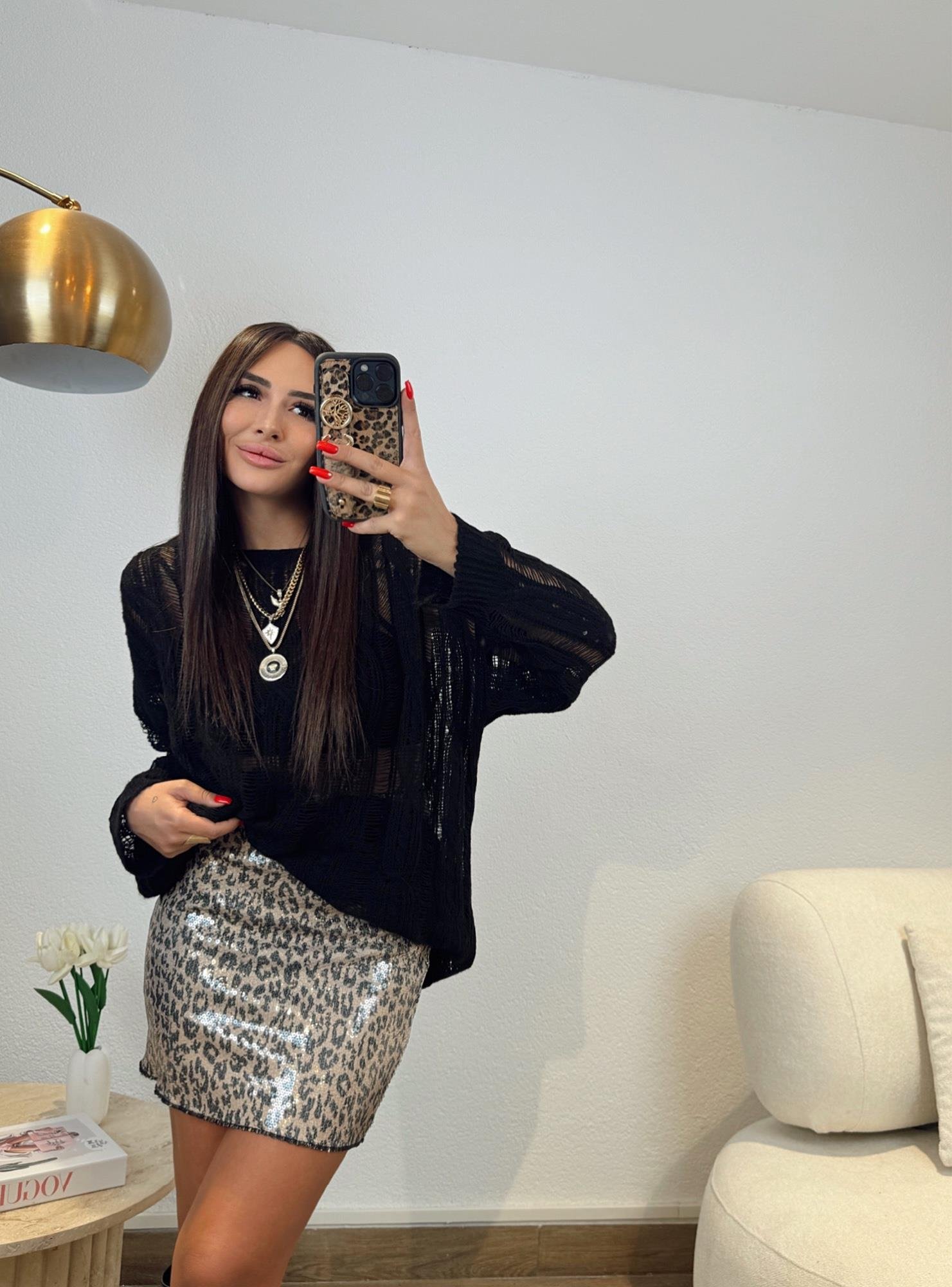 Leopar Desen Pul Payet Mini Etek