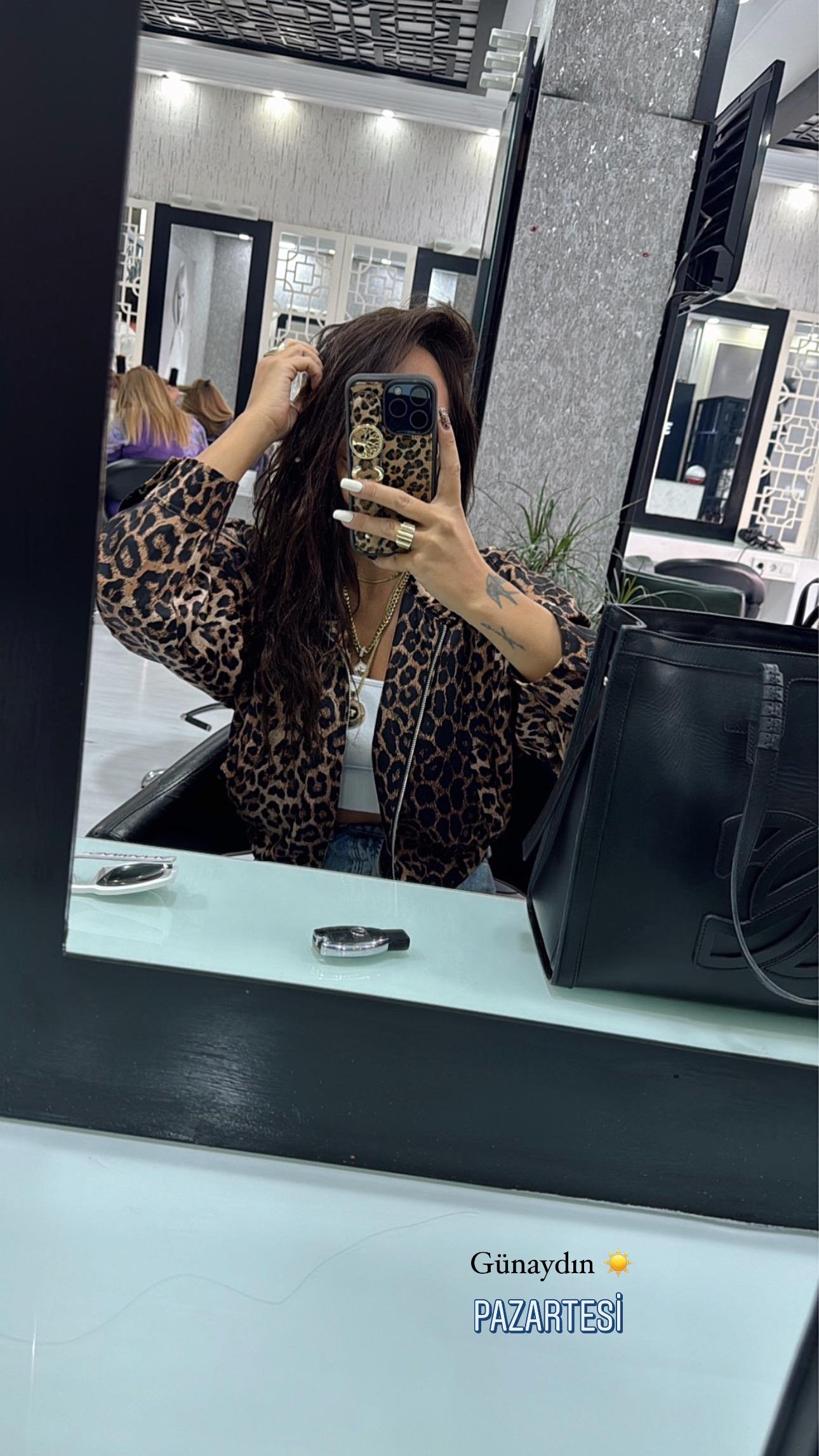Leopar Desen Saten Bomber Ceket