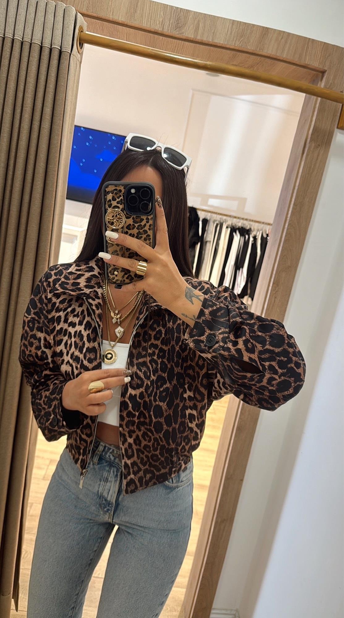 Leopar Desen Saten Bomber Ceket