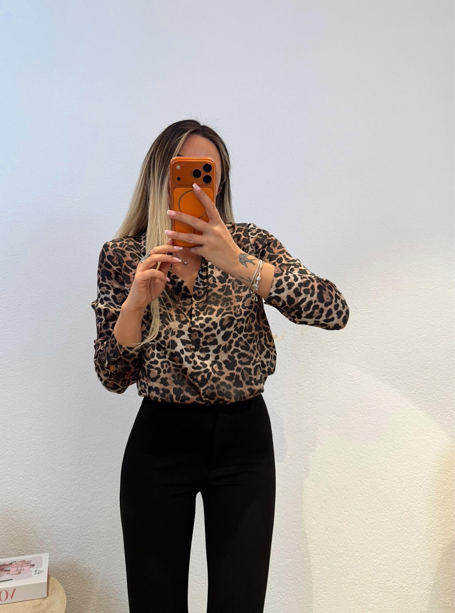 Leopar Desen Saten Gömlek