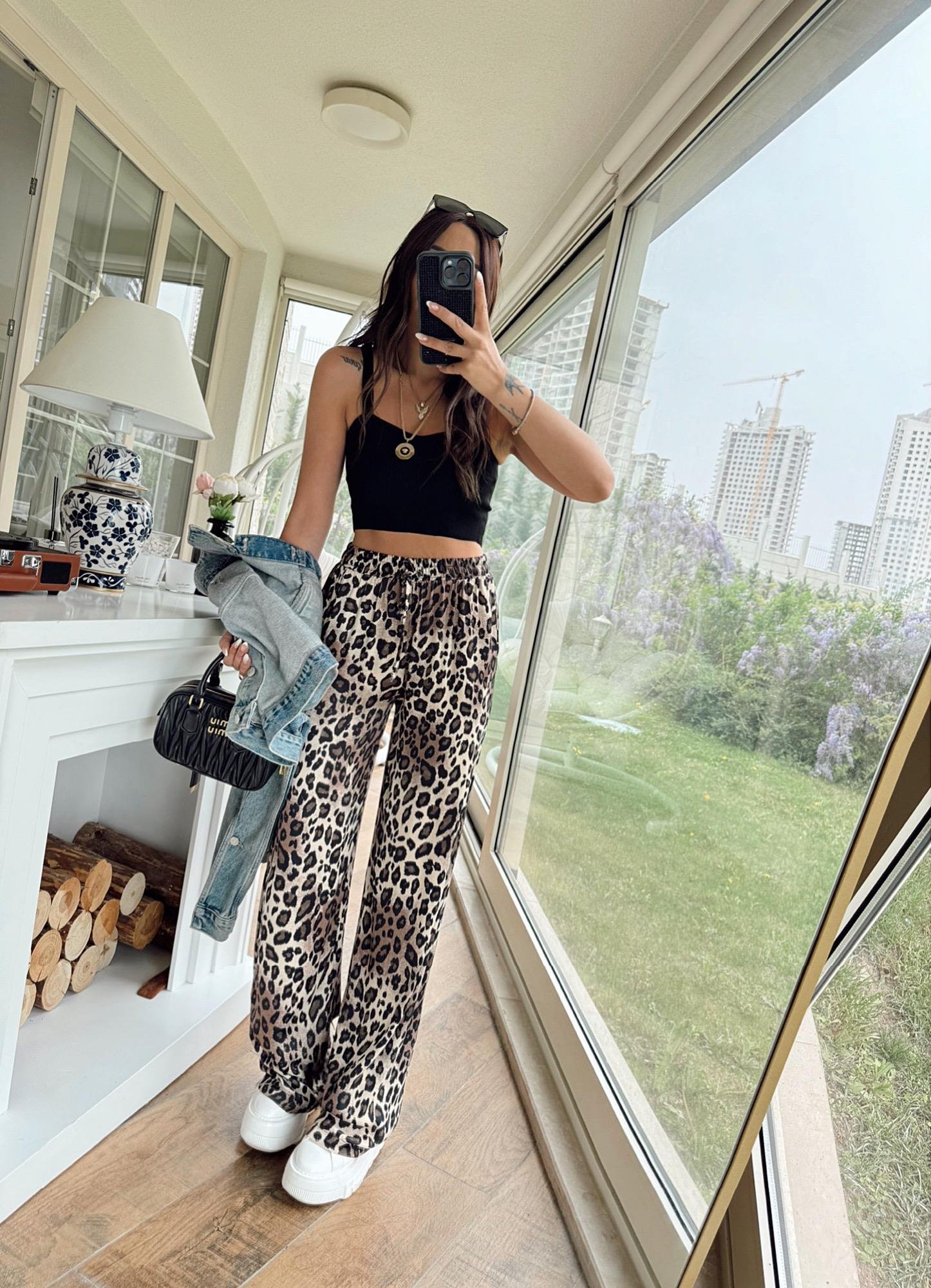 Leopar Desen Saten Rahat Pantolon