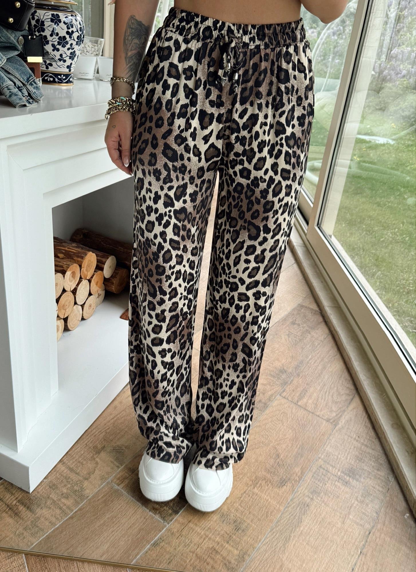Leopar Desen Saten Rahat Pantolon