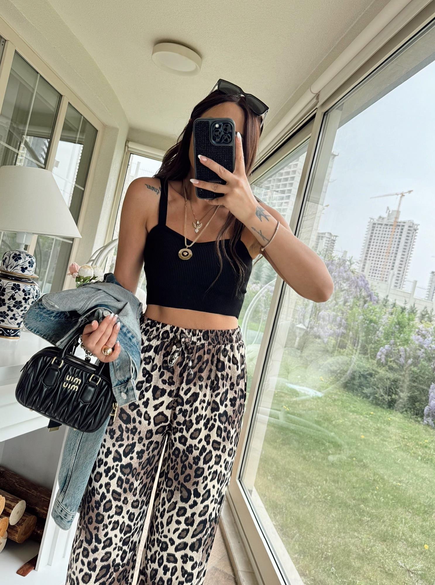 Leopar Desen Saten Rahat Pantolon