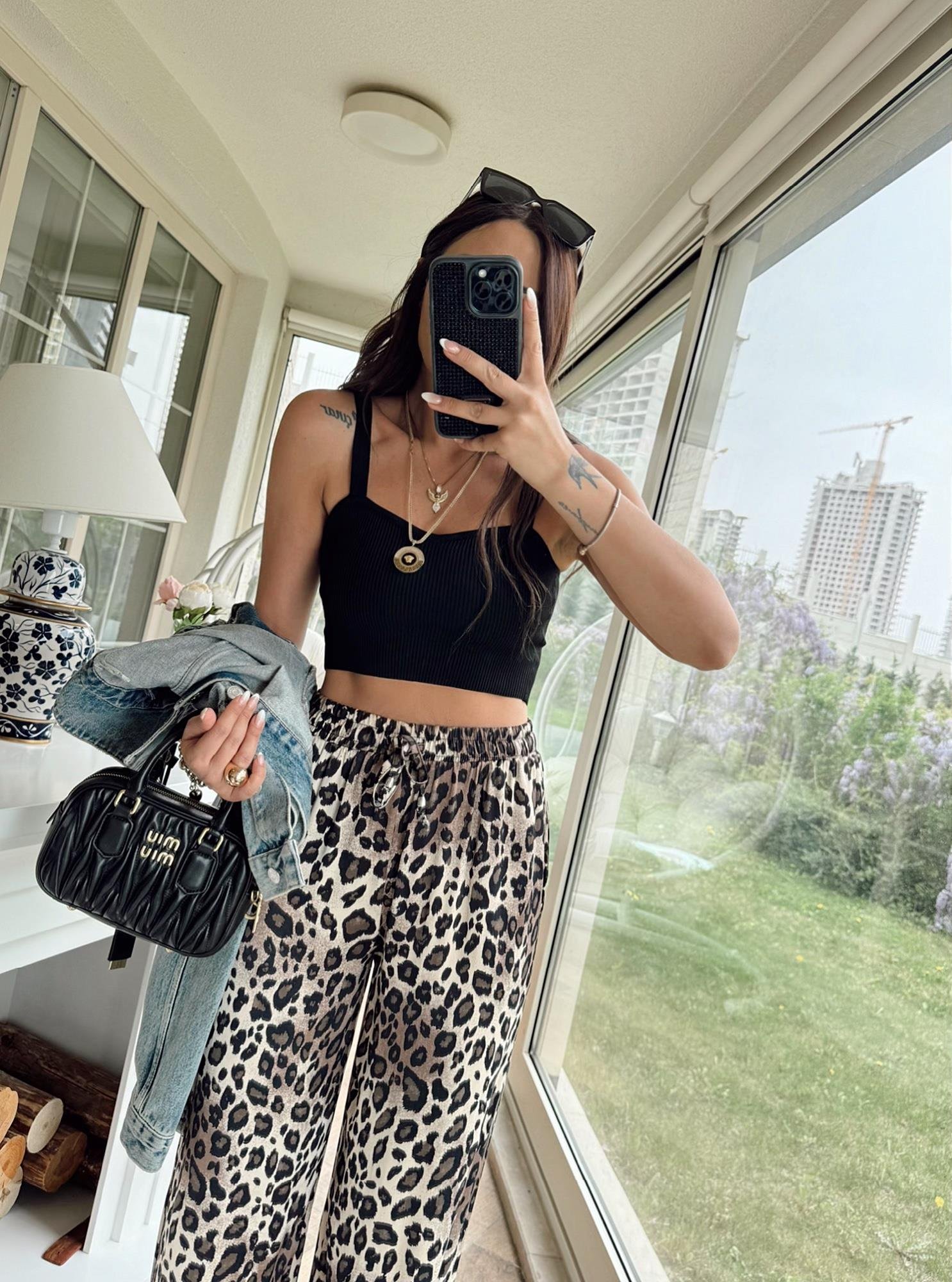 Leopar Desen Saten Rahat Pantolon