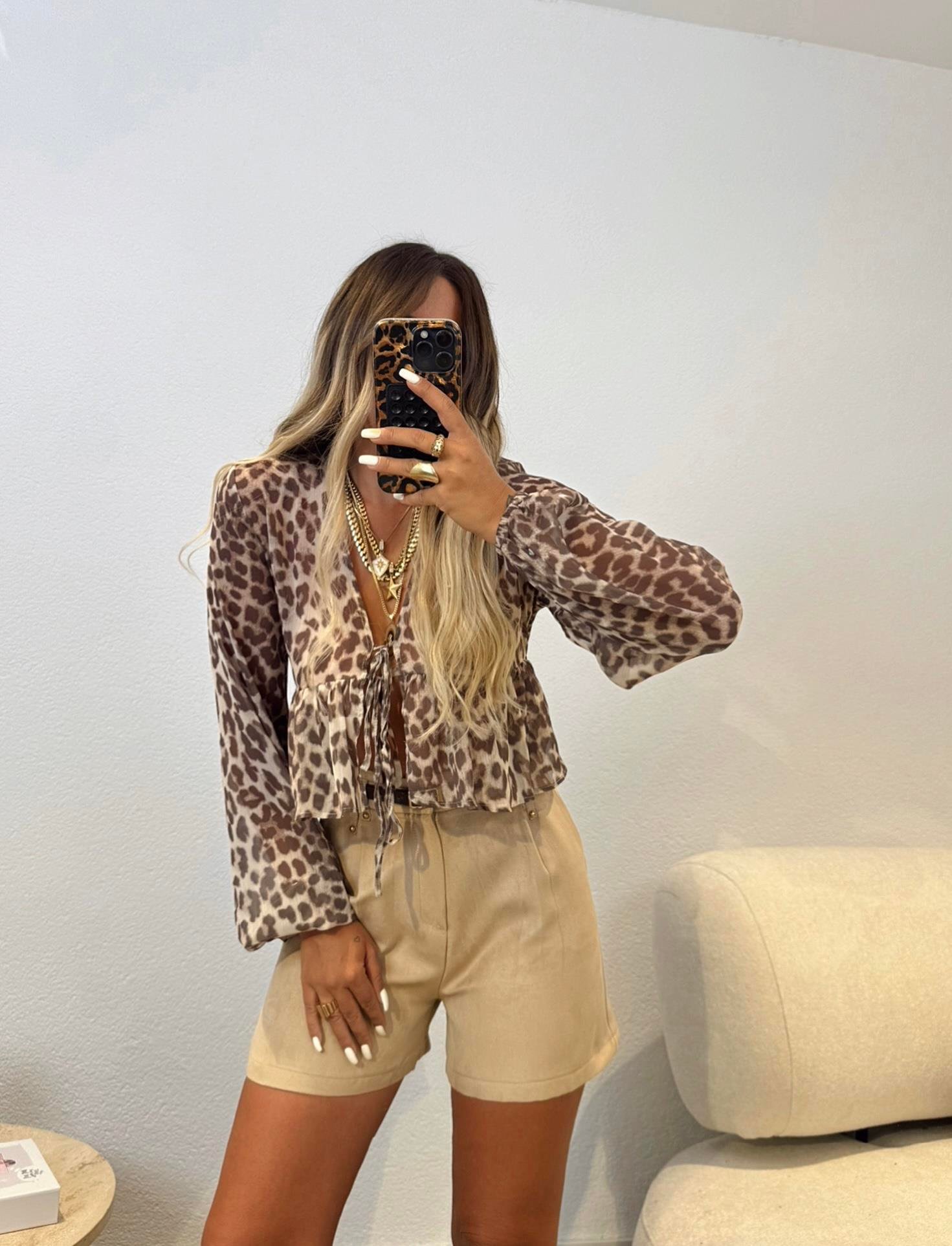 Leopar Desen Şifon Bluz