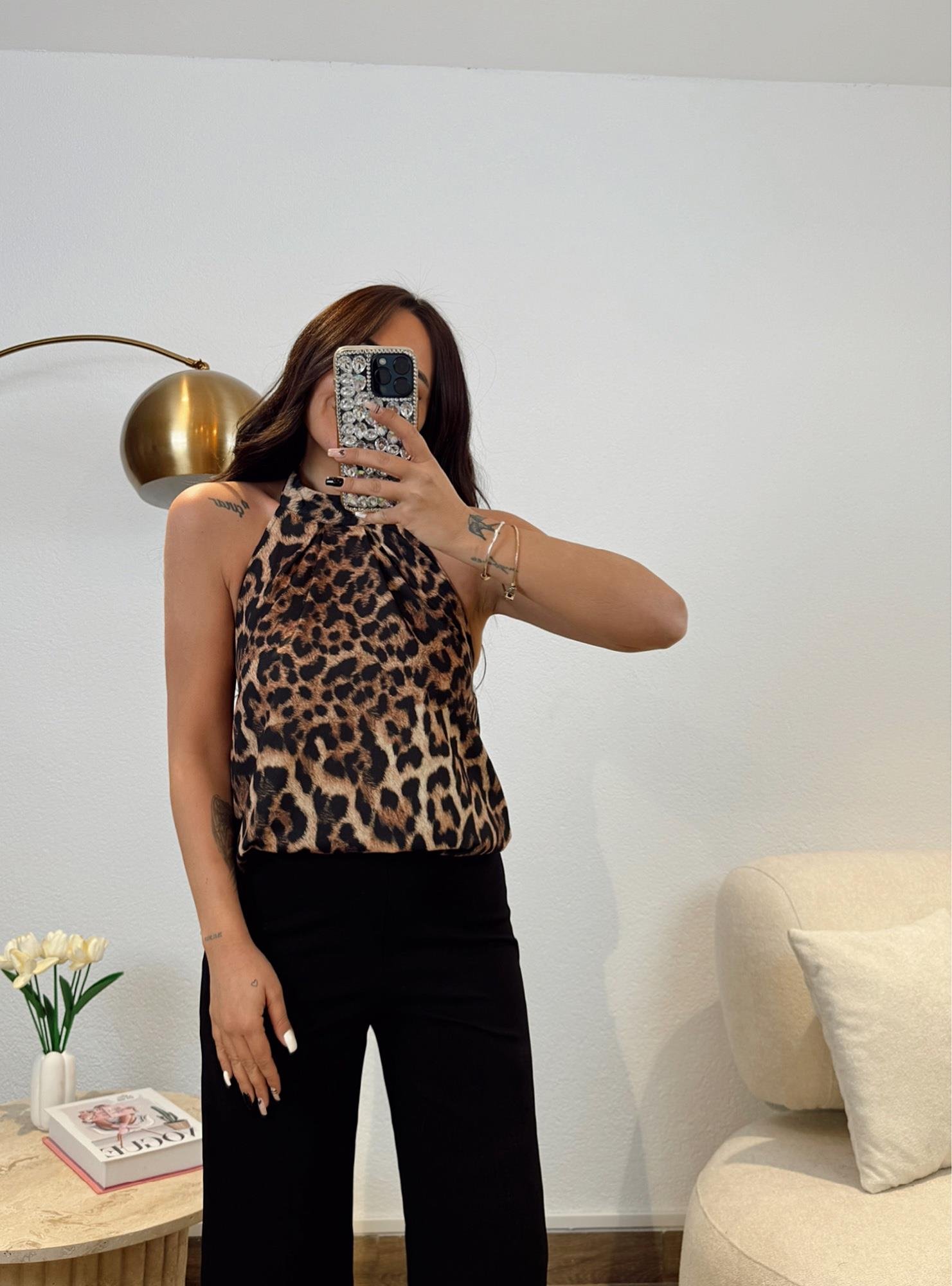 Leopar Desen Sırt Dekolteli Bluz