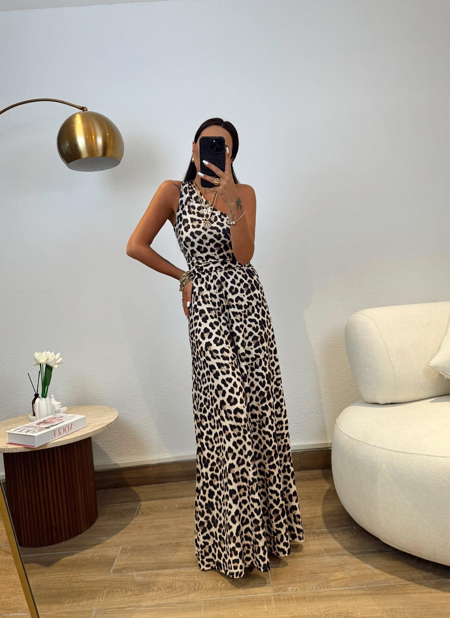 Leopar Desen Tek Omuz Bol Paça Tulum