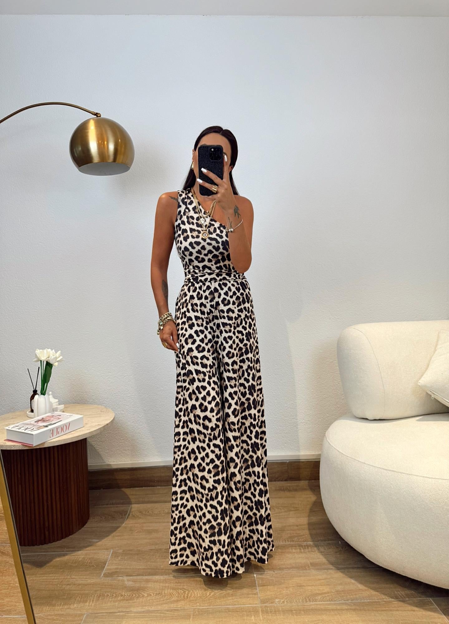 Leopar Desen Tek Omuz Bol Paça Tulum