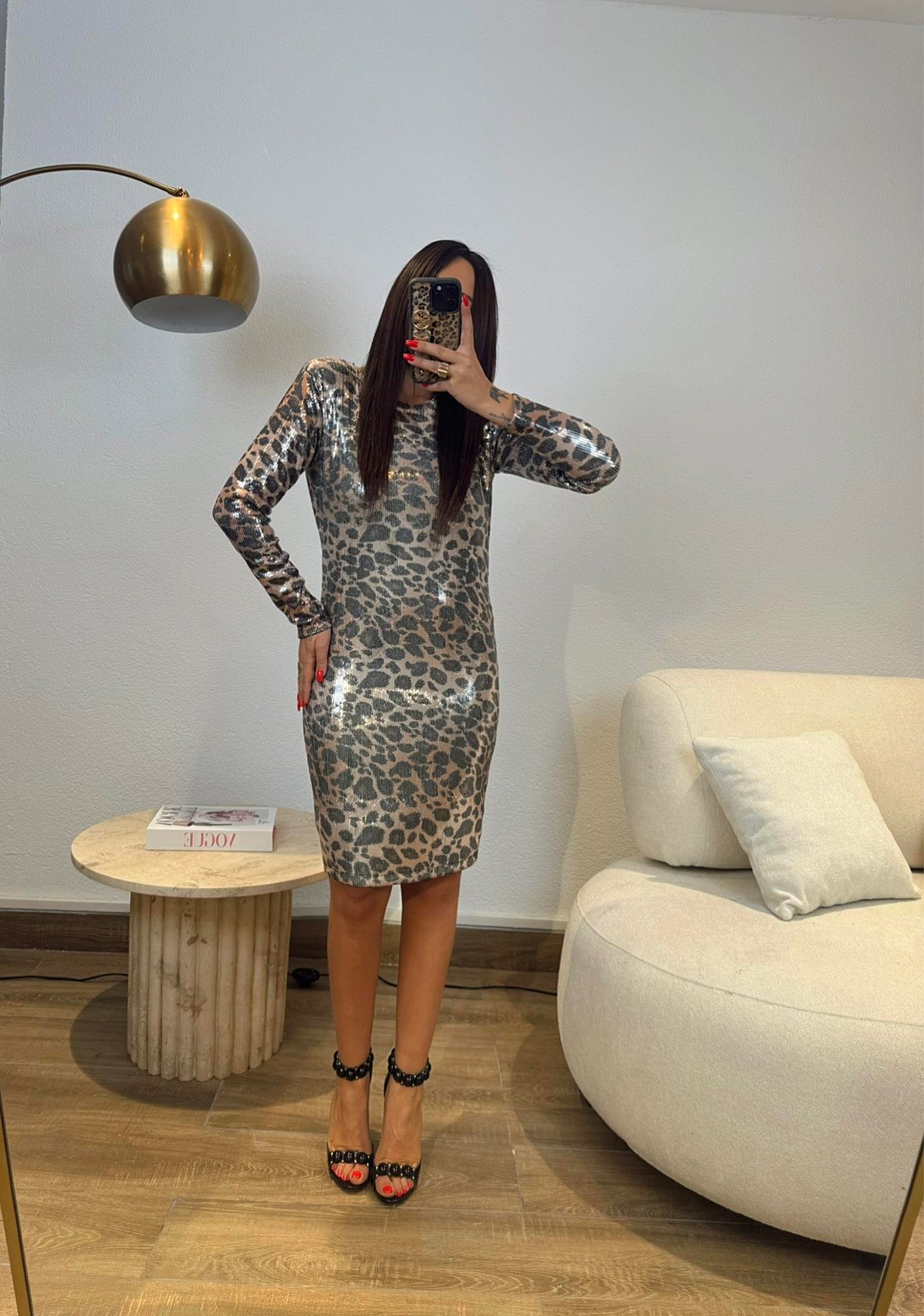 Leopar Desen Vatkalı Payet Midi Boy Elbise