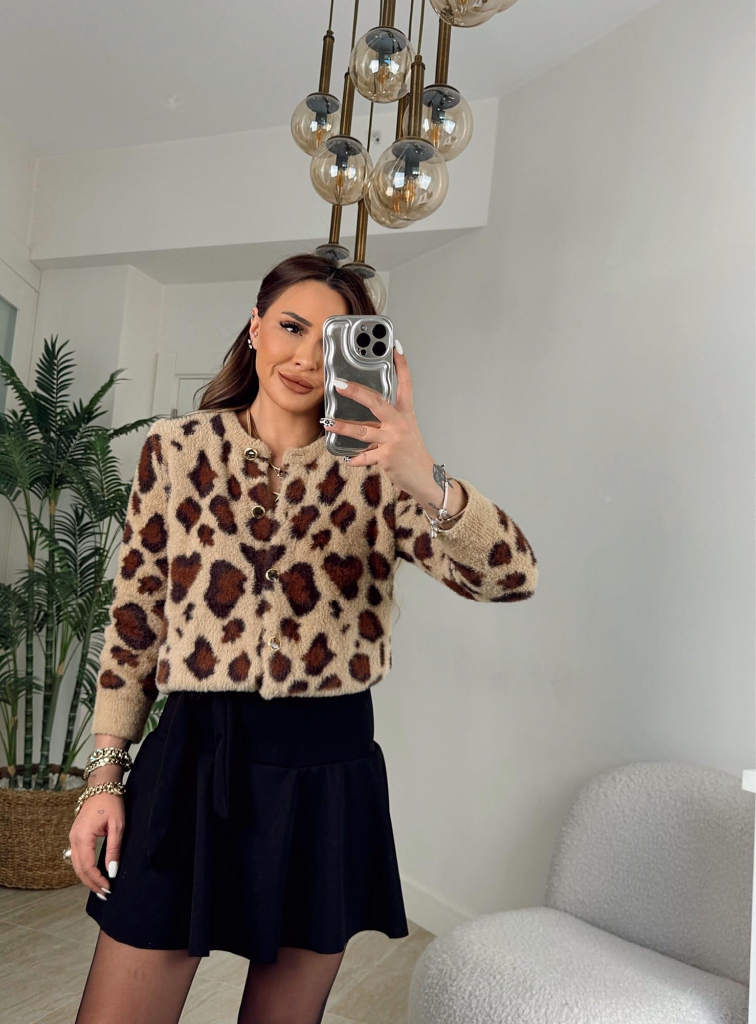 Leopar Desen Yumoş Hırka