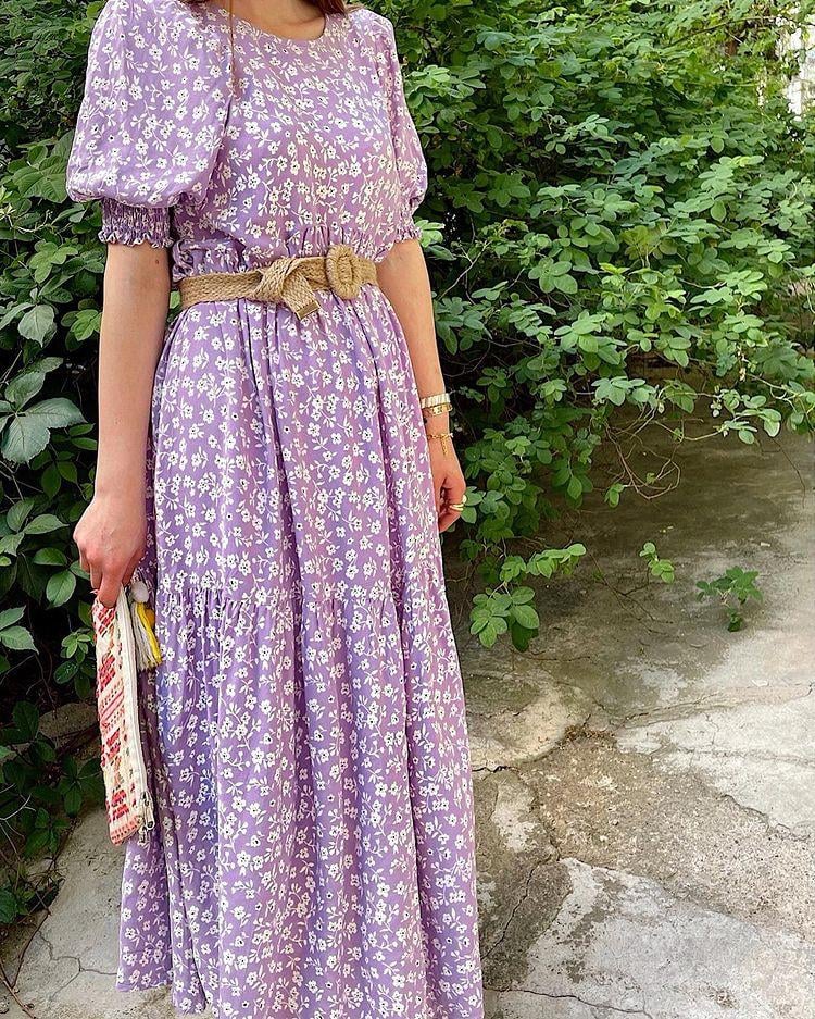 Lila Çiçek Desen Maxi Elbise